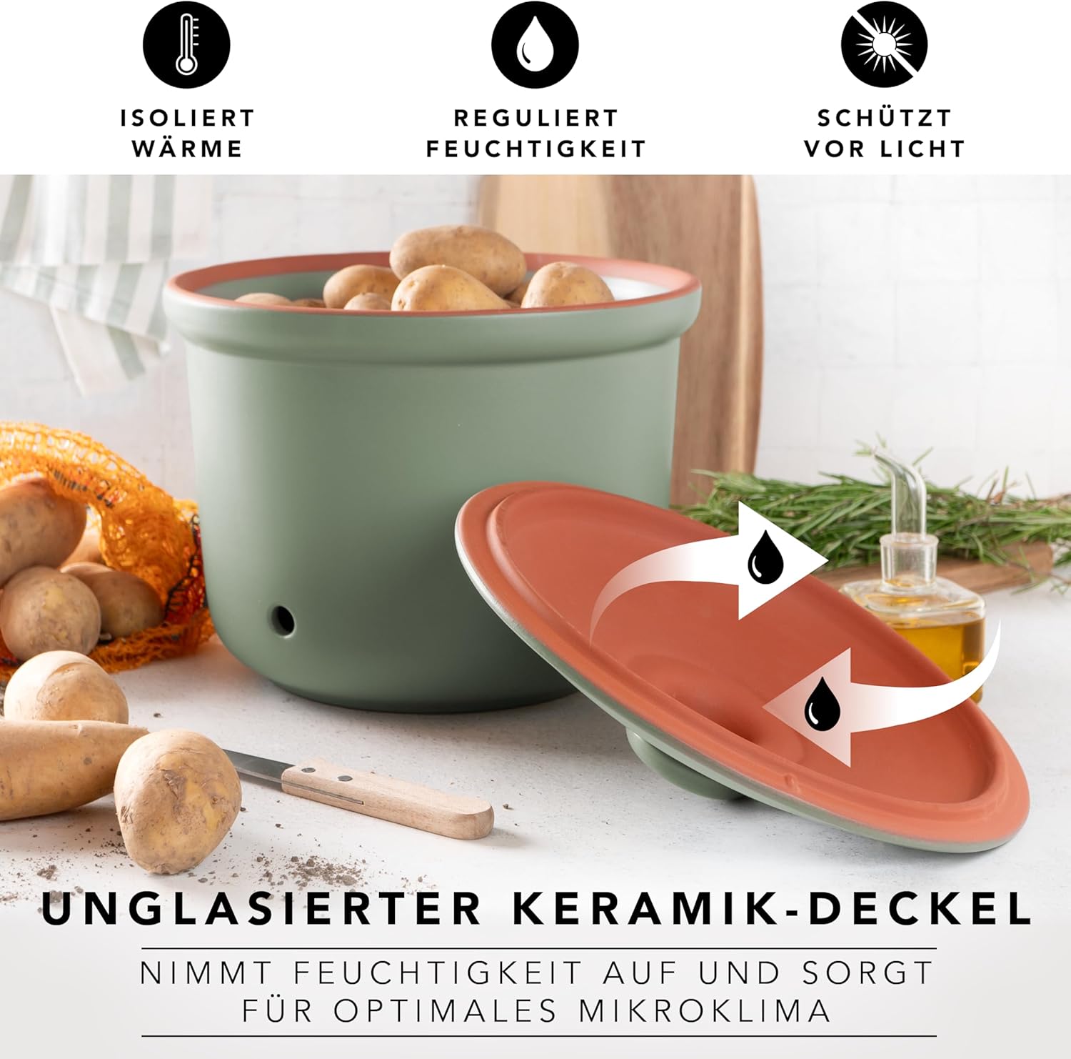 Romertopf Maxi Plus Fresh Pot 5.5 Litres - Ceramic Potato Pot - Breathable Clay Keeps Vegetables Fresh Longer - Ideal Air Circulation - Green