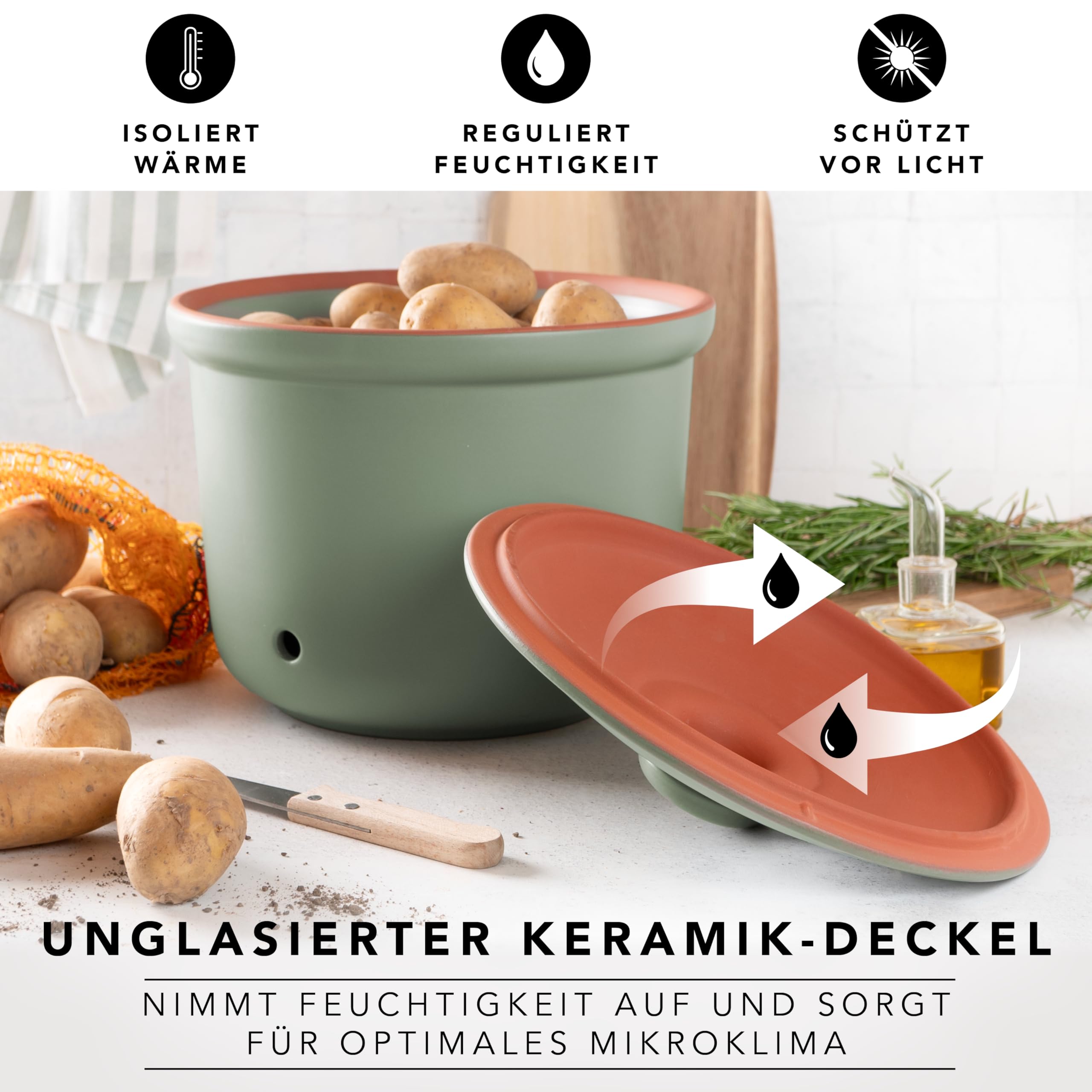 Romertopf Pot fraîcheur MAXI PLUS 5,5 l – Pot à pommes de terre en céramique – Argile respirante pour garder les légumes frais plus longtemps – Circulation de l'air idéale – Vert