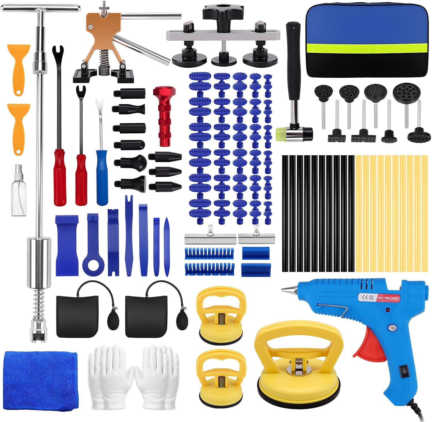 Dent Puller Hail Remover Kit 135pc Paintless Car Dent Puller Kit Pdr Kit 3 in 1 T-bar Slide Hammer& Bridge Puller & Lifter Hail Damage Repair Kit for Car Hail Damage Large Small Dent Fast Removal