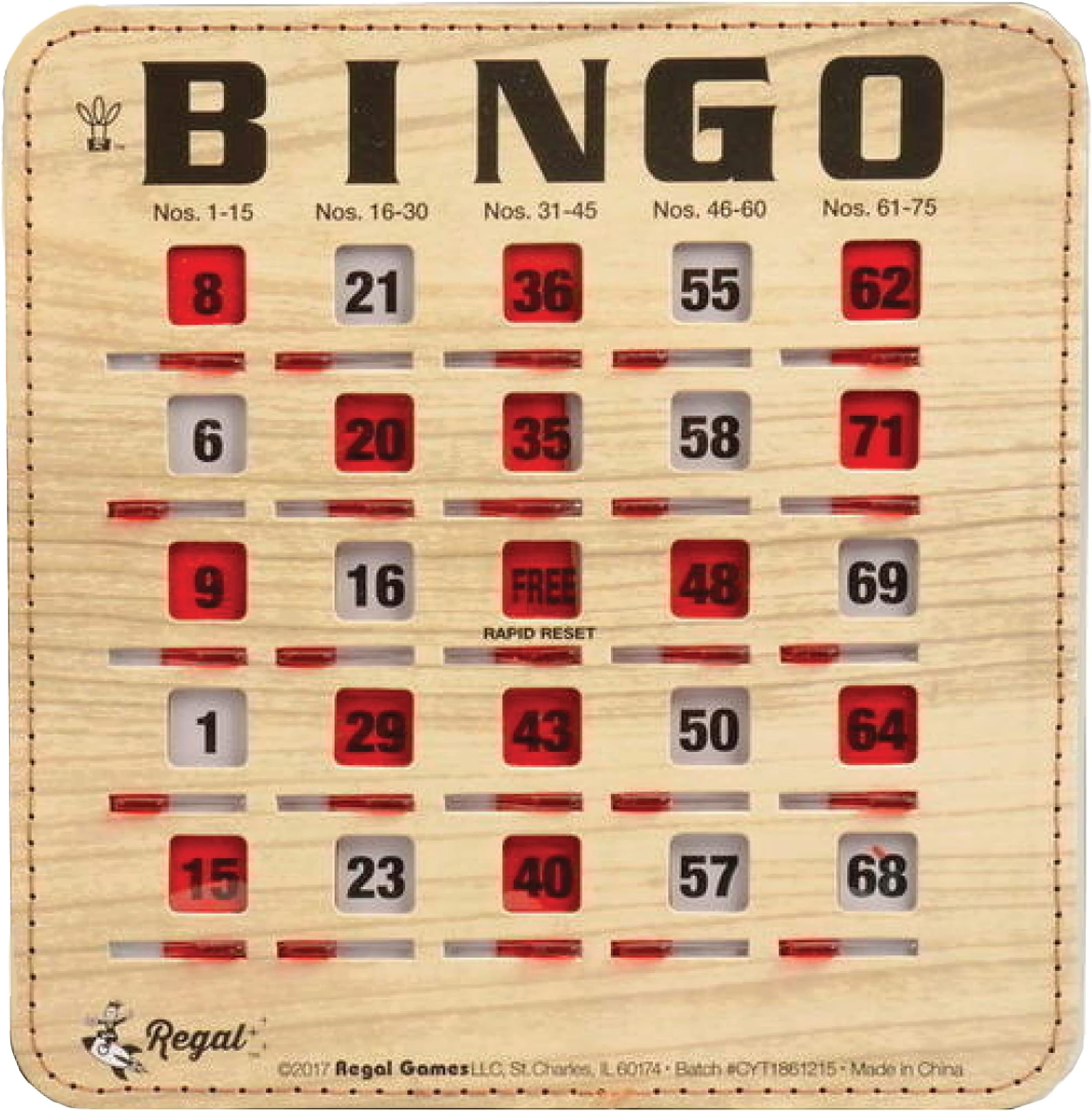 Regal Games Extra Thick Stitched Woodgrain Quick Clear Rapid Reset Shutter Bingo Cards with Jumbo Easy Read Tabs (25-Pack)