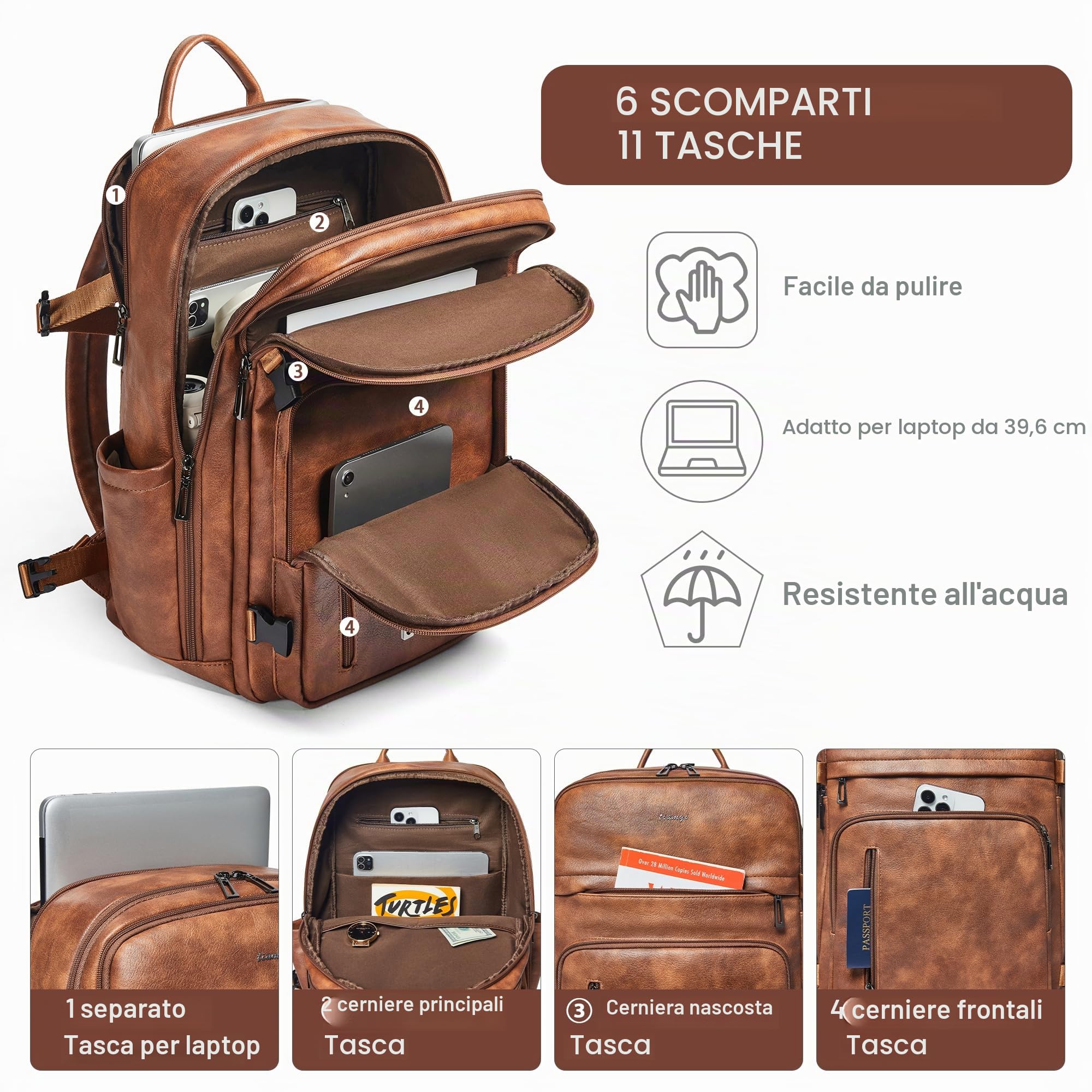 Zaino per computer portatile da 15,6 pollici, alla moda, in pelle, per viaggi, università, lavoro