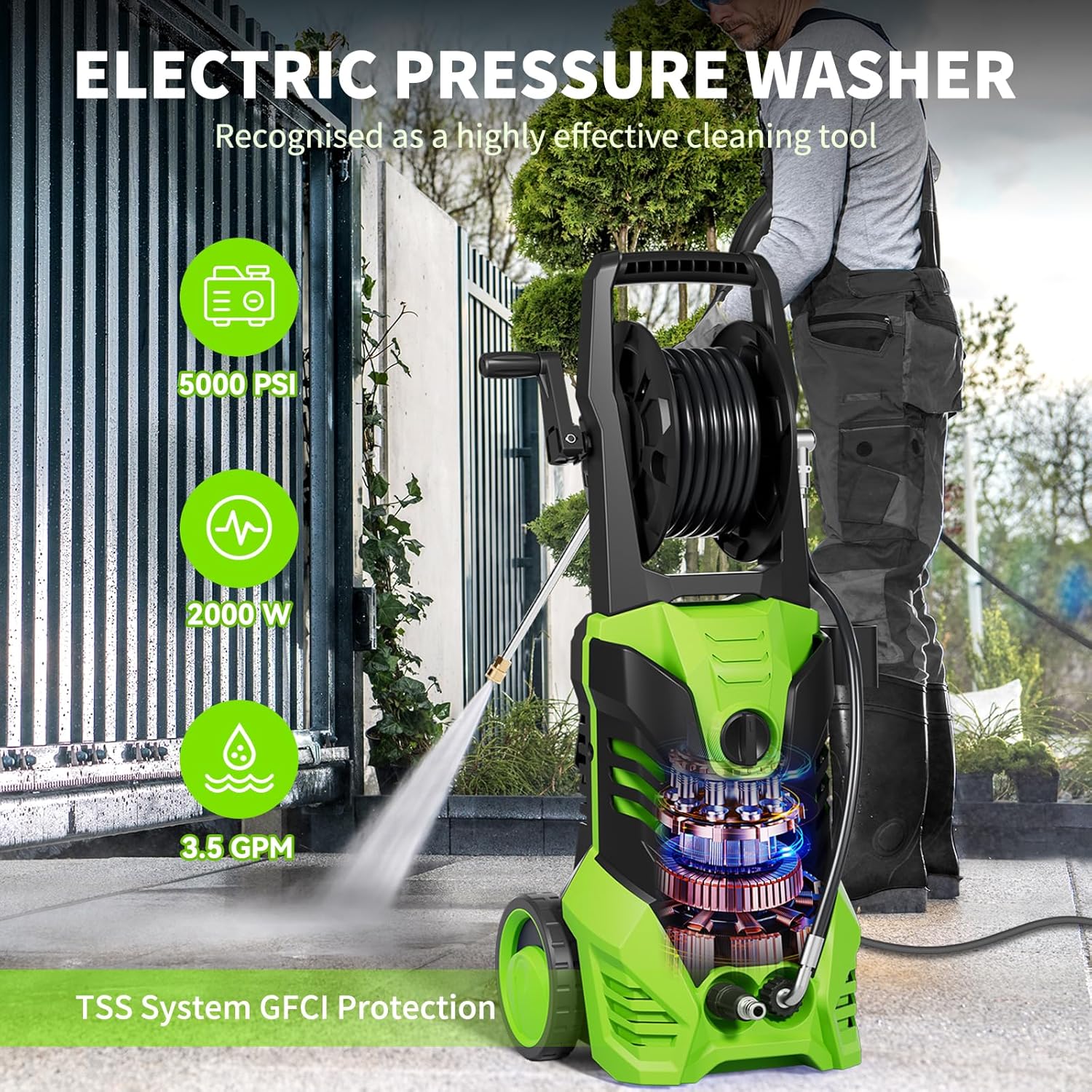 SKONYON T-102A Electric Pressure Washer with 5000 PSI, 2000W, 3.5 GPM features