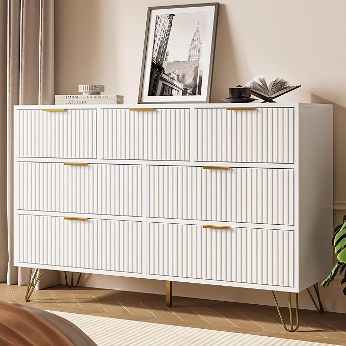 White Dresser for Bedroom, 7 Drawer Dresser with Gold Pulls, Wide Chest of Drawers for Bedroom, Entryway, 47.2" L x 15.7" D x 31.4" H