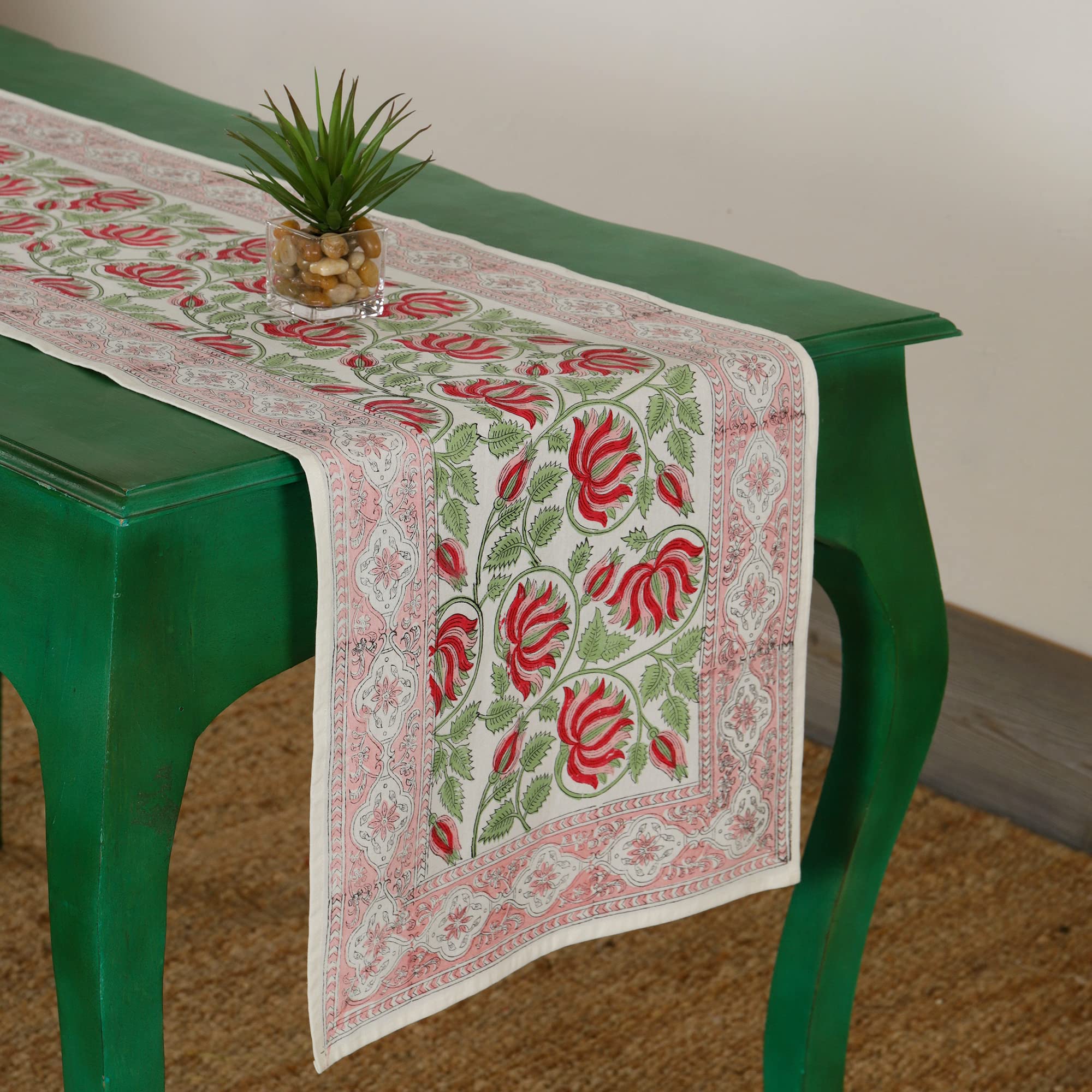 Hand Block Printed Cotton Table Runner - Floral Design -20