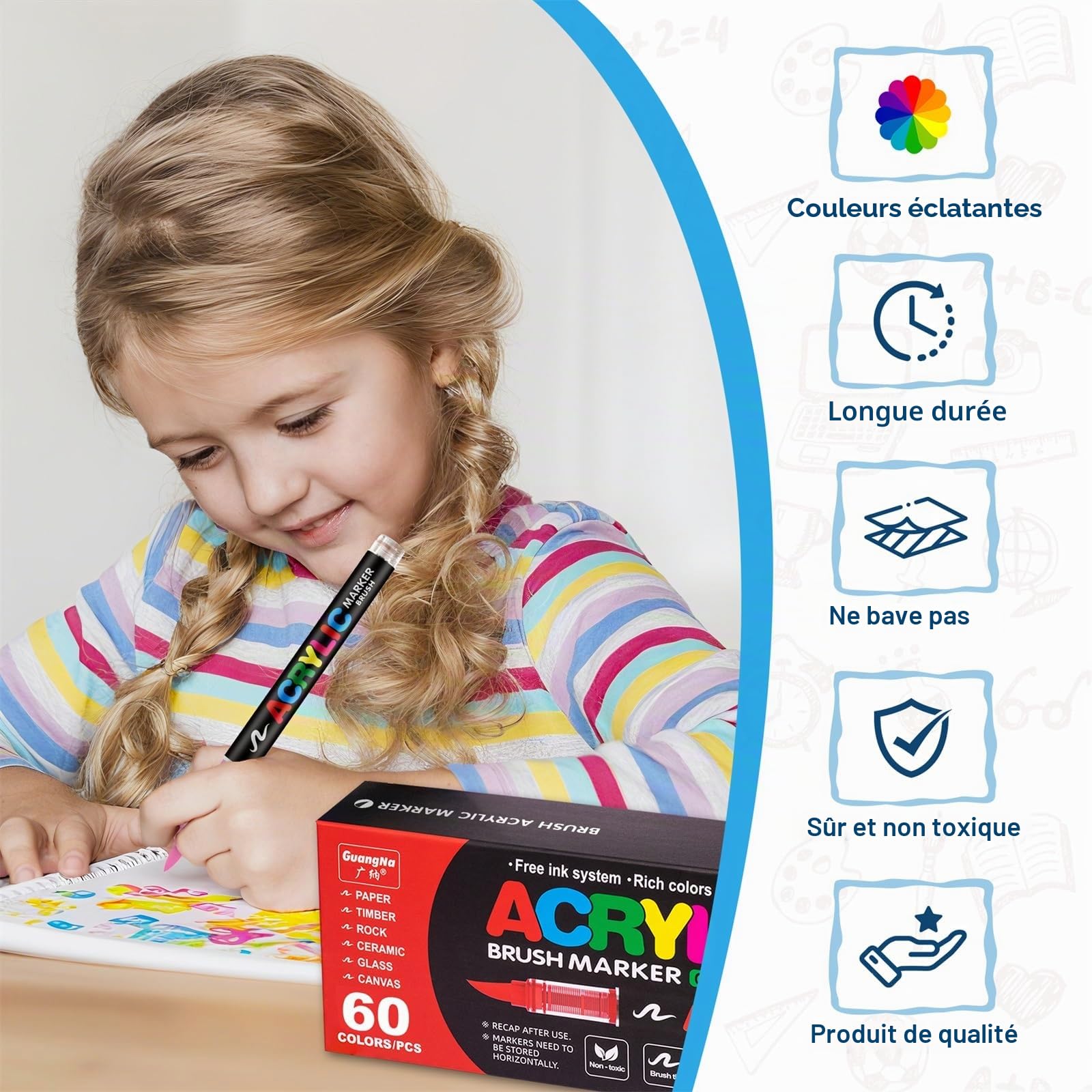 Guangna 60 Couleurs de Marqueur Acryliques, Acrylic Paint Markers pour Papier, Verre, Galet, Métal, Plastique, Bois