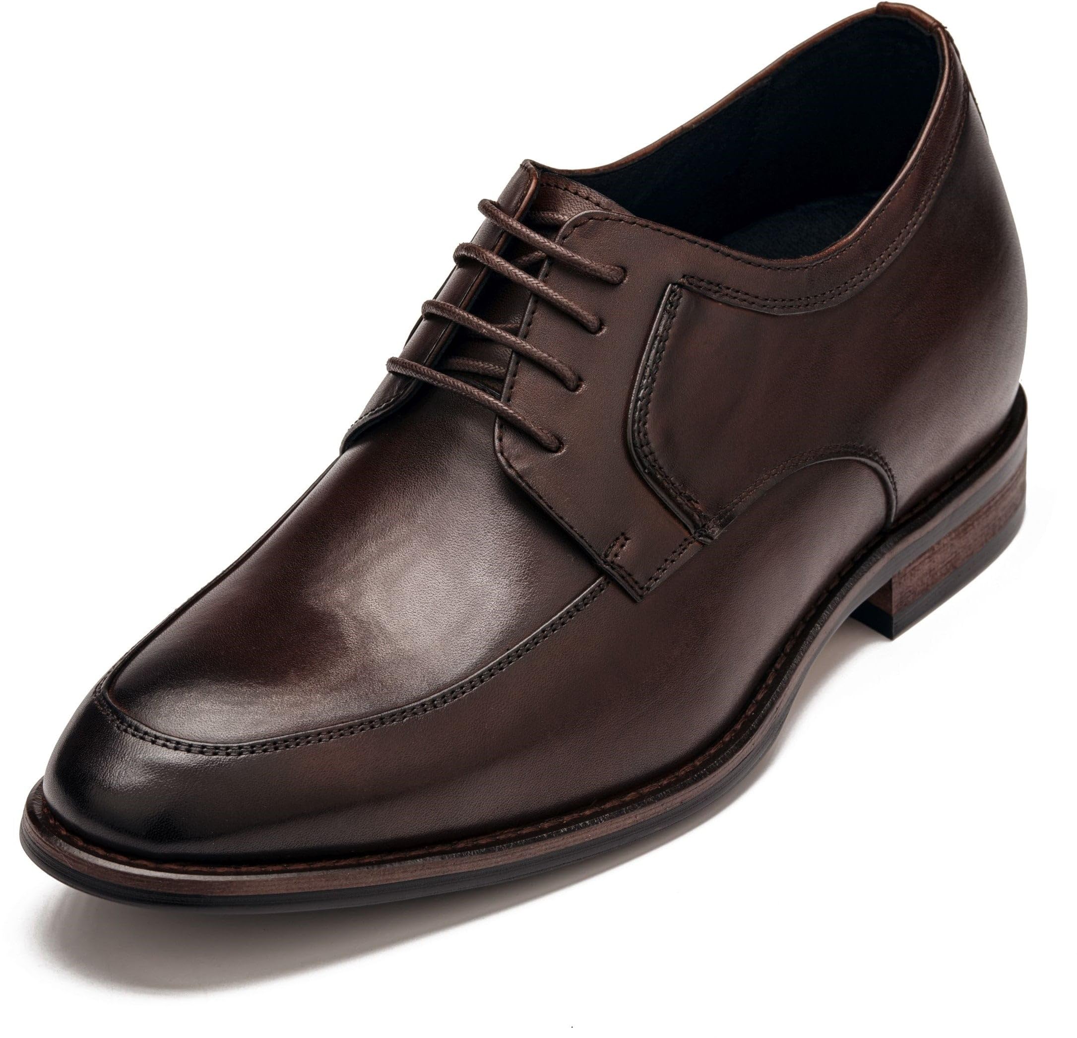 CALTO Men's Invisible Height Increasing Elevator Shoes - Chocolate Brown Premium Leather Lace-up Round-Toe Formal Derby Oxfords - 2.8 Inches Taller -