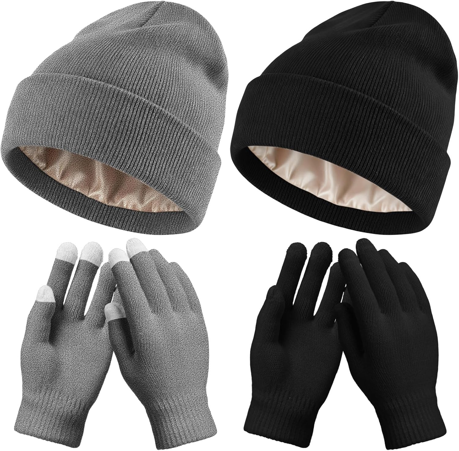 Tivi Tovo 4 Pcs Winter Knit Beanie Hat and Touchscreen Gloves Set for Women Men Warm Acrylic Cap and Gloves Set