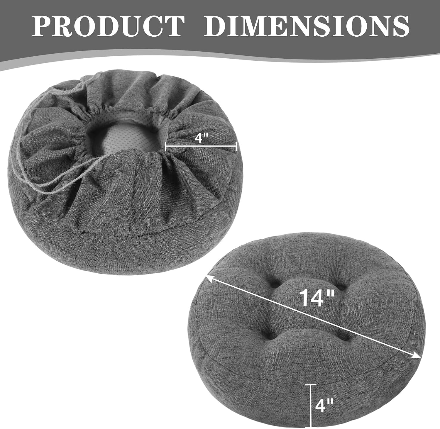 Dark Grey Bar Stool Seat Cushions, Round Stool Covers Pads with Ties Non Slip (14"x14"x4",2 Pack)