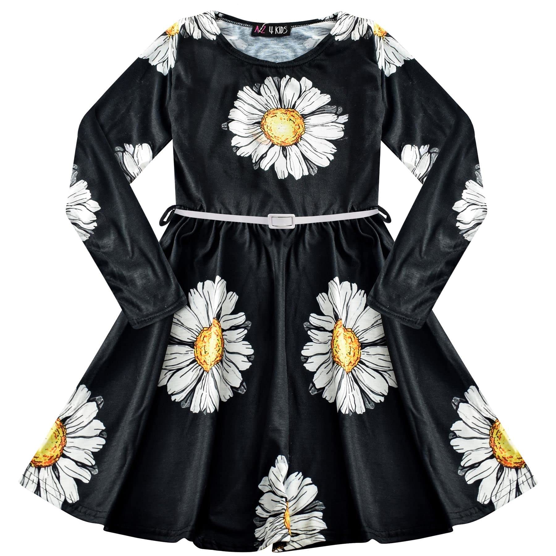 A2z 4 Kids Girls Black A2z Kids Skater Dress Long Sleeves Daisy Flower Print Dance Party - Skater Dress 677 ._5-6