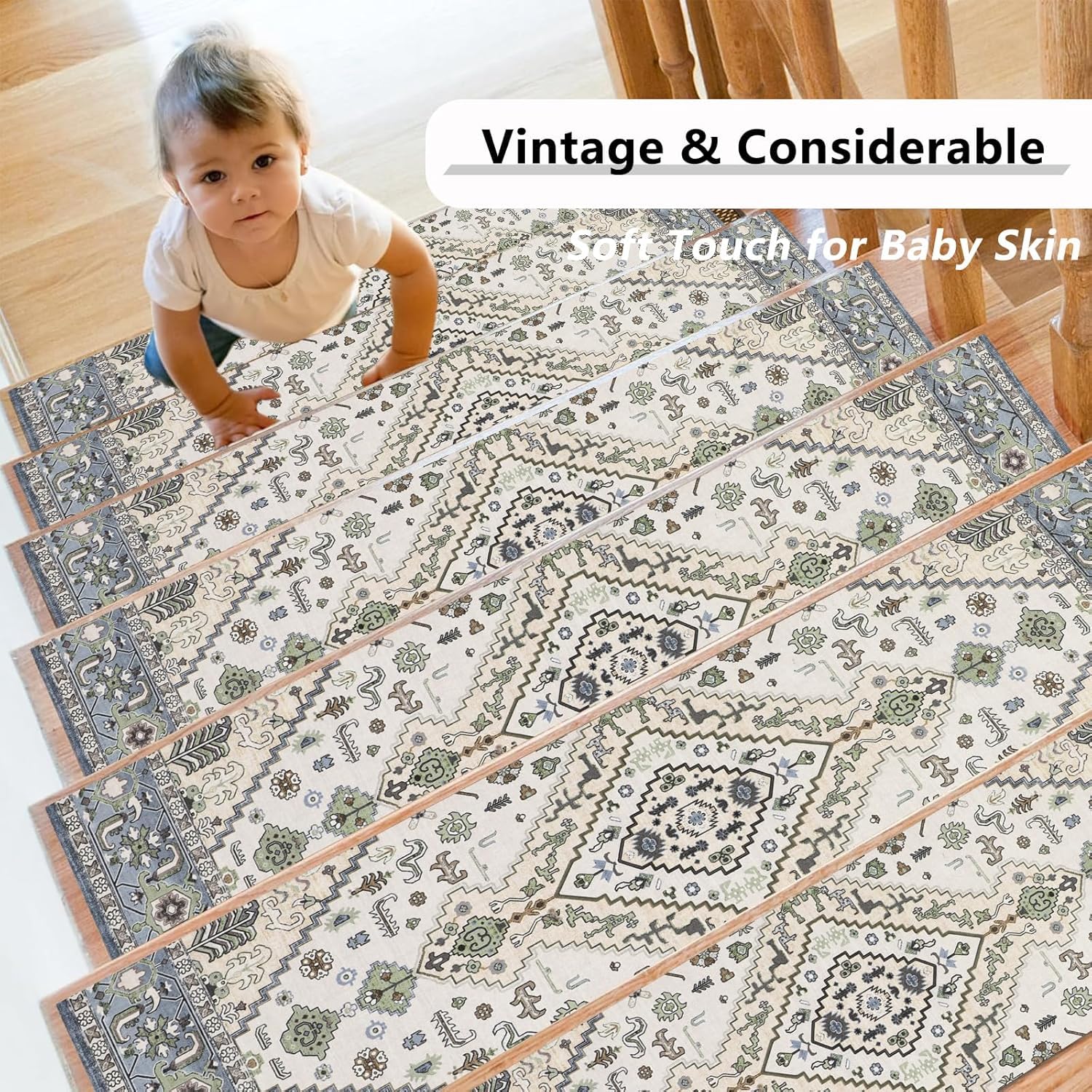 Homcomodar 15PCS Alfombras de Escalera 76x20cm Beige Verde Peldaños de Mader Antideslizante Alfombra de Goma para Escaleras Peldaños Autoadhesivos para Niños Ancianos y Mascotas