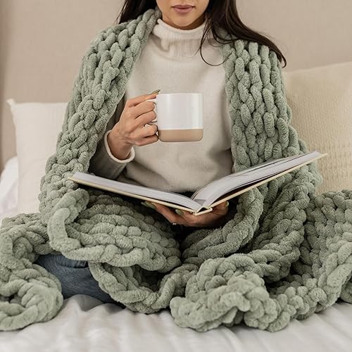 SAMIAH LUXE Sage Green Chunky Knit Blanket Throw 50x60, Chenille Chunky Knit Throw Blanket for Living Room Decor or Boho Decor, Thick Yarn Knitted Blankets for Couch or Bed, Knitted Crochet Blankets - Sage - 50 x 60"