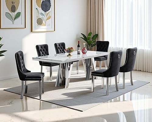 Miniatura 60 de Juego de mesa de comedor de mármol sintético, 7 piezas, juego de mesa de cocina y comedor para 6, mesa de comedor rectangular blanca de 70 pulgadas