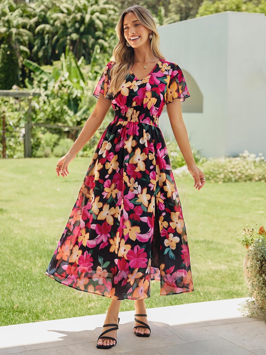 Simplee Womens Summer 2026 Floral Boho Maxi Dress Spring Long V Neck Empire Waist Side Slit Wedding Guest Dresses