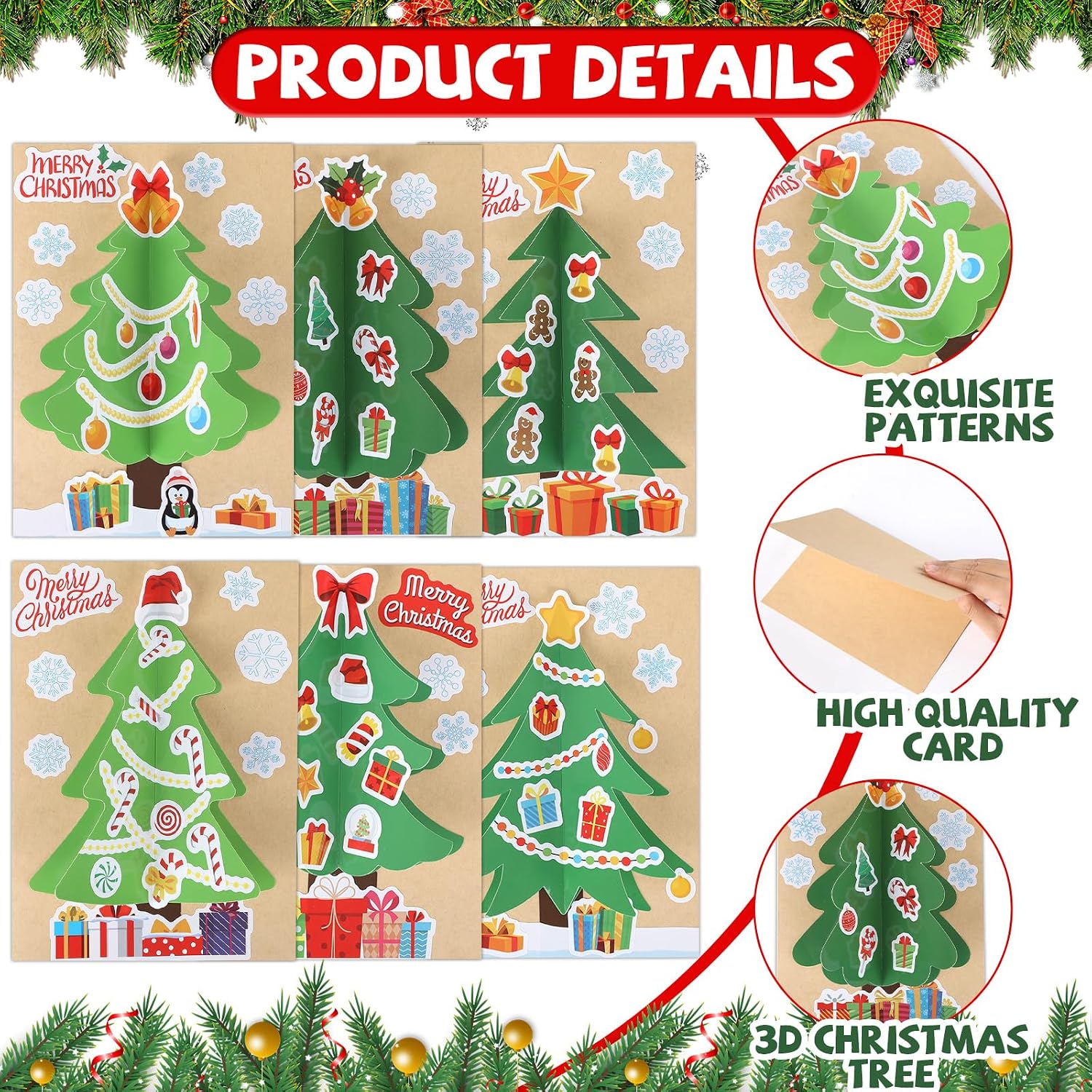 Justforjoyful 24 Sets Christmas Tree Card Making Crafts for 3D Christmas Tree Greeting Cards with Sticker Making Your Own Xmas Trees Cards for Xmas Holiday Gift Home Activities Art and Crafts Supply