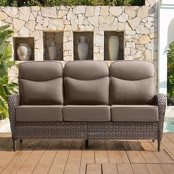 Belord Upgraded 6 Cushion Luxury 3-Seater Outdoor Couch, All-Weather Wicker Patio Sofa with Deep Seating, Rattan High Back Conversation Set Furniture for Porch, Deck, Balcony - BrownGrey