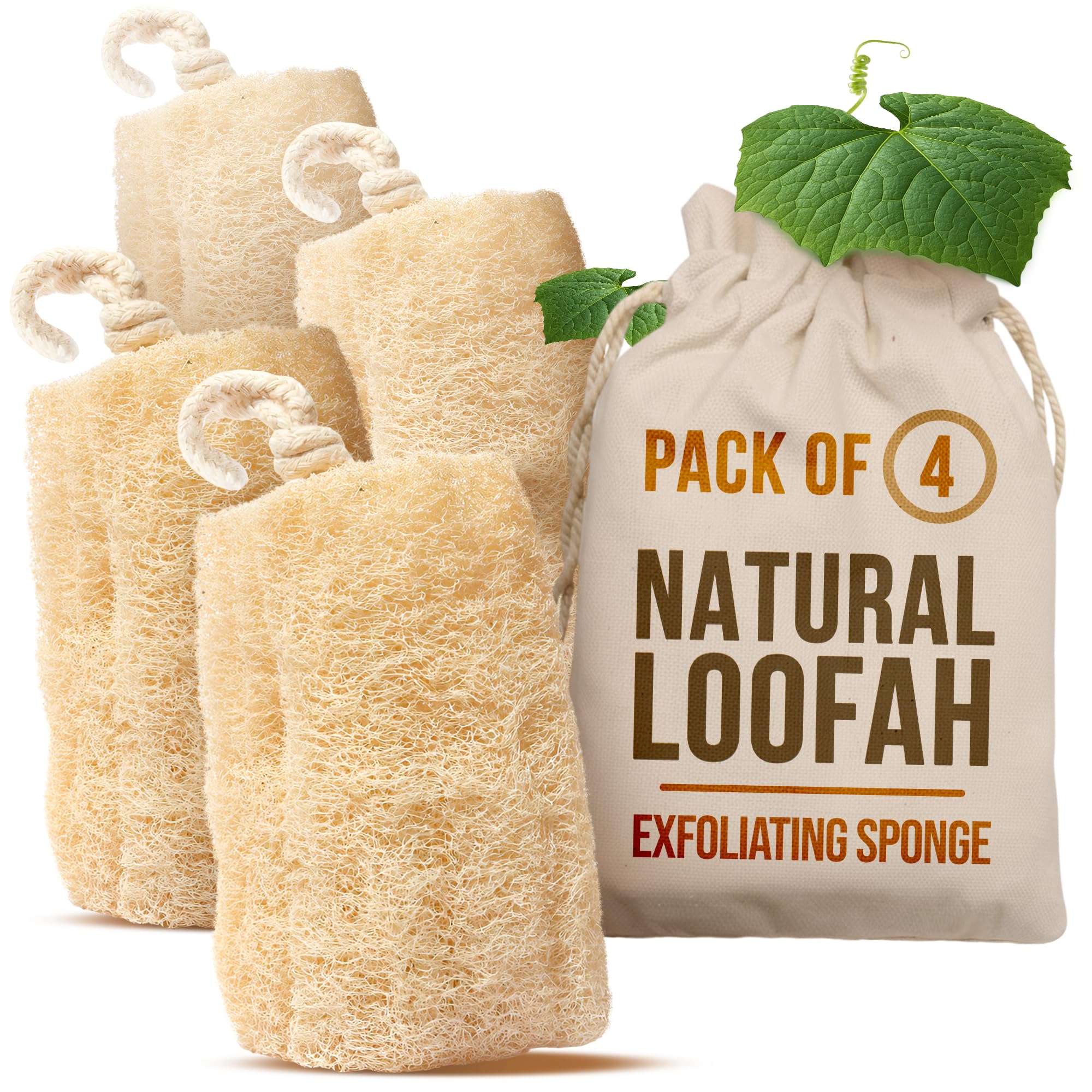 CraftsOfEgypt Natural Loofah Sponge – Egyptian Luffa Body Scrubber Pack of 4 for Men & Women, Natural Bath & Shower Loofah Exfoliator, All Natural
