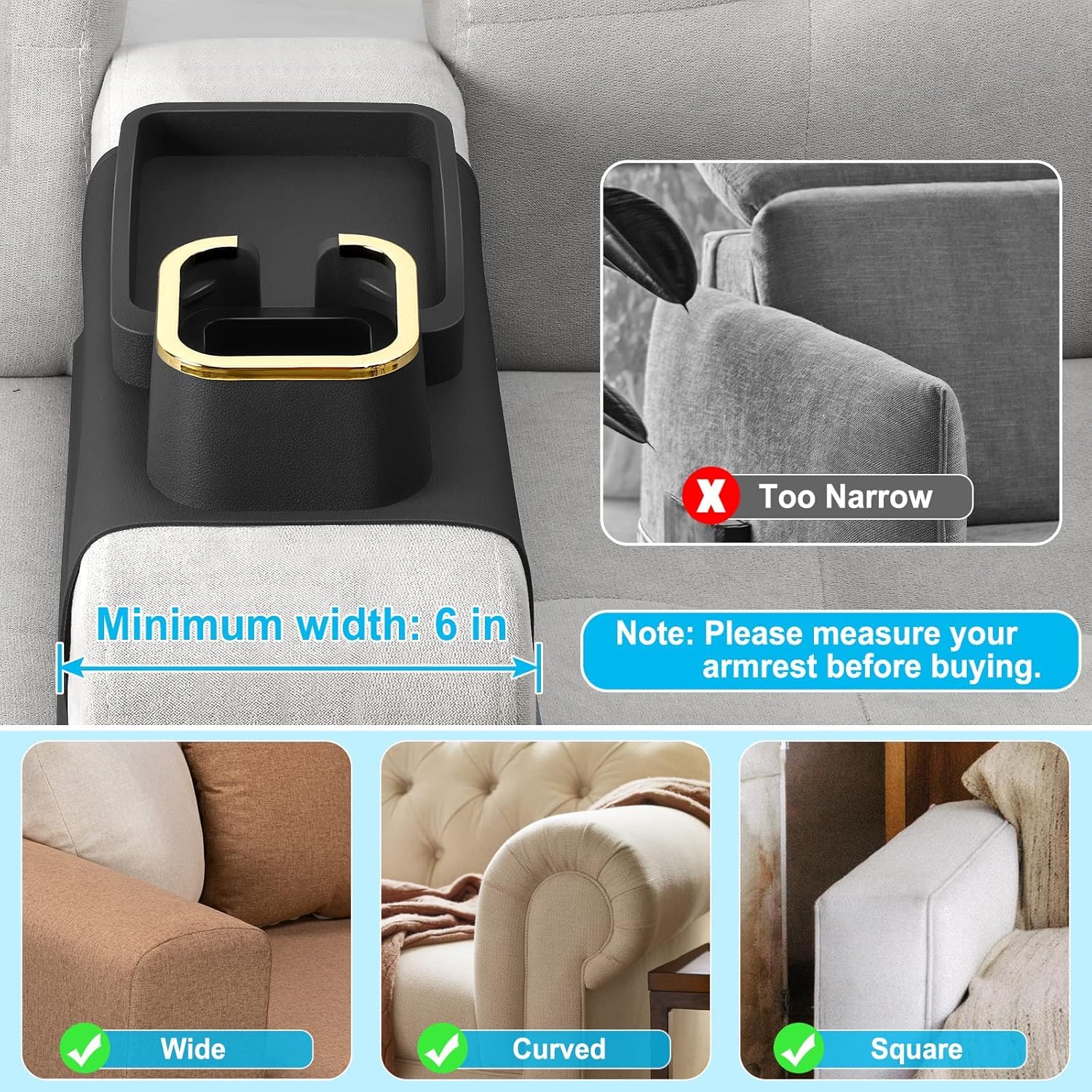 BLURISM Table for Coffee Mug/Remote/Snacks/Cellphone, Grandpa Couch Cup Holder Tray, Silicone Anti-Slip and Anti-Spill Sofa Armrest Tray with Drink Holder, Couch Arm