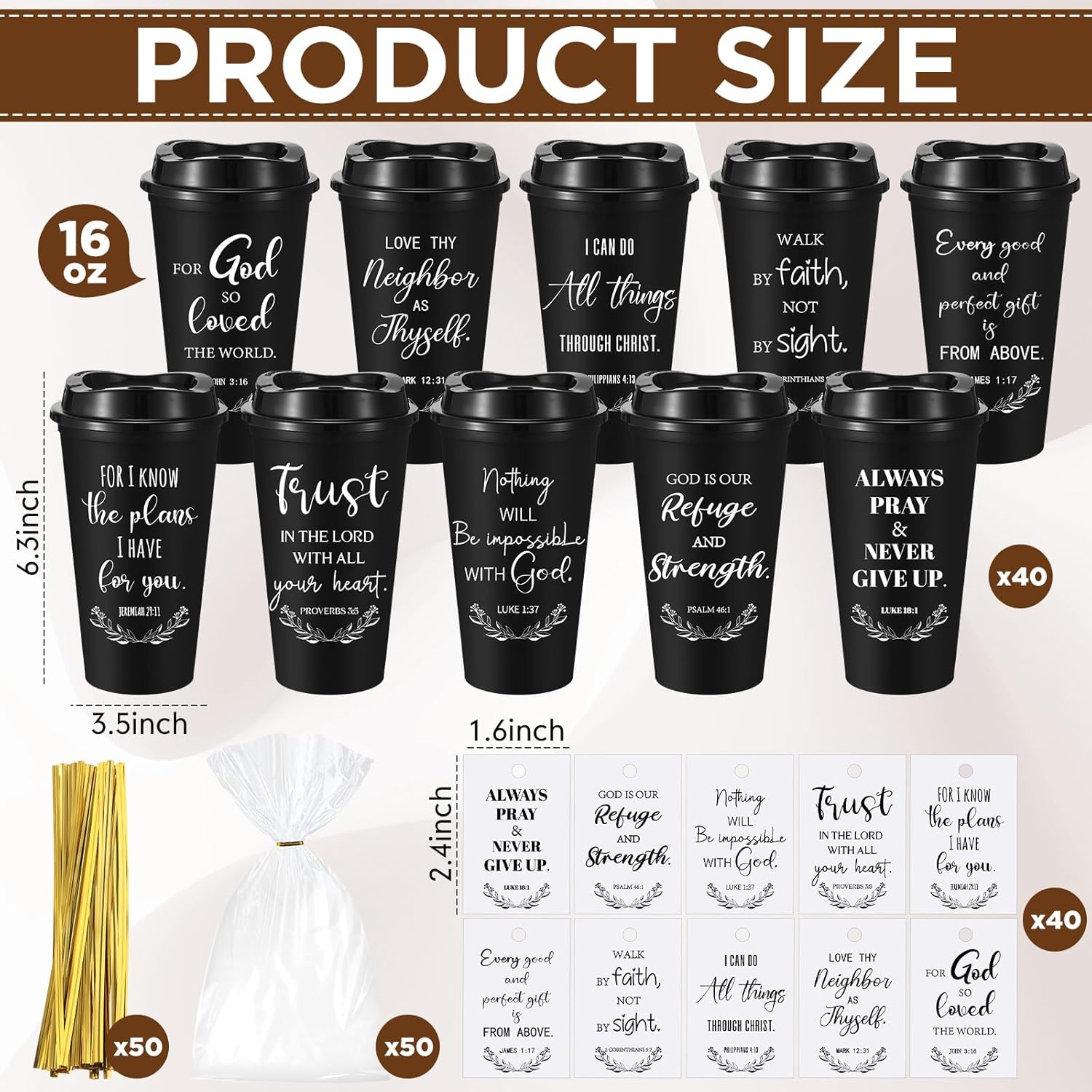 LemonRoad 40 Sets Christian Gifts Bulk 16oz Reusable Bible Verse Coffee Cups with Lids Cards and Gift Bags Inspirational Religious Gifts for Church Party (Black) - Image 2