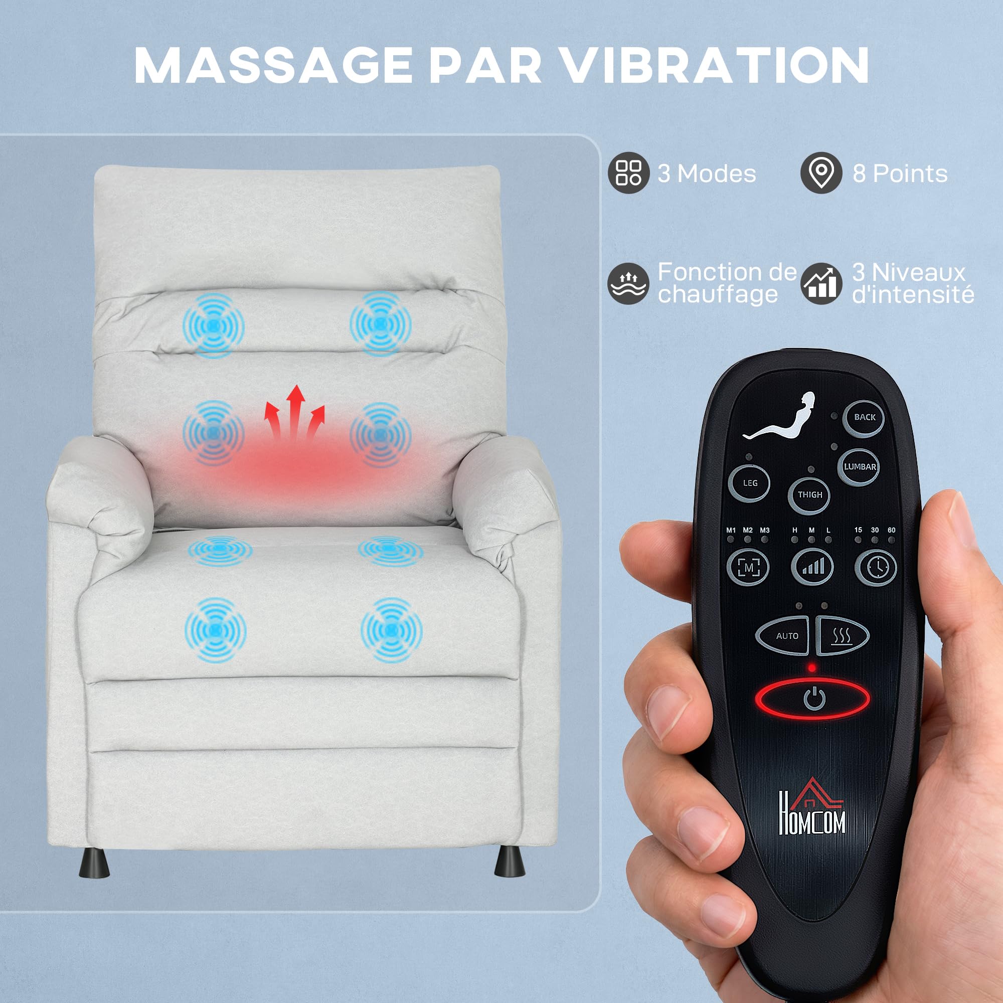 HOMCOM Elektrischer Massage-Heiz-Sessel Samt Hellgrau