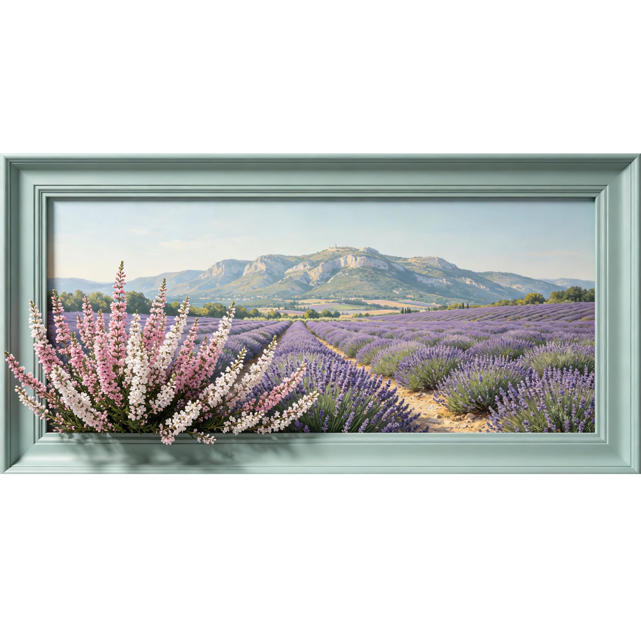 Agglomerix 3D Framed Wall Art Lavender Field Mountain Landscape Botanical Textured Relief Effect Large Size Self-Adhesive Removable Wall Decor Prints Artwork for Living Room Bedroom Office