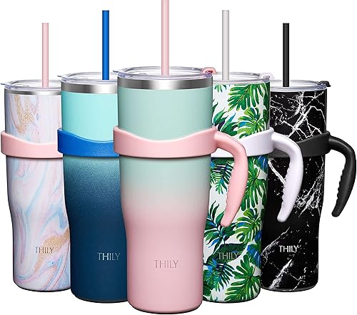 THILY Vaso aislado de 40 onzas con asa, taza de viaje para café de acero inoxidable con tapa y pajitas, mantiene las bebidas frías durante 34 horas