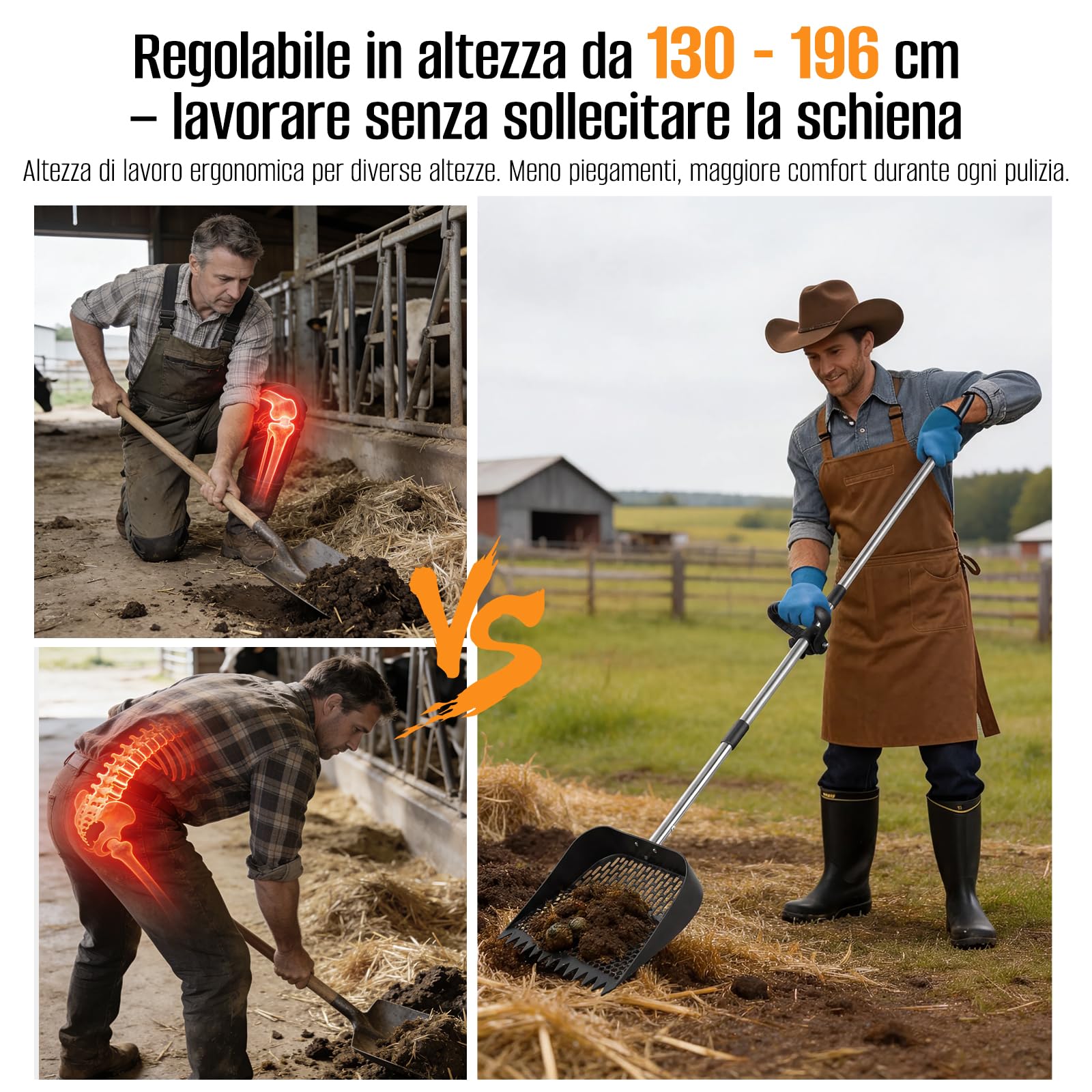 Pala lunga per pollo, multifunzione, per pollaio, separazione di feci e detriti di sabbia, pala per pollaio, per pollaio (172 cm)