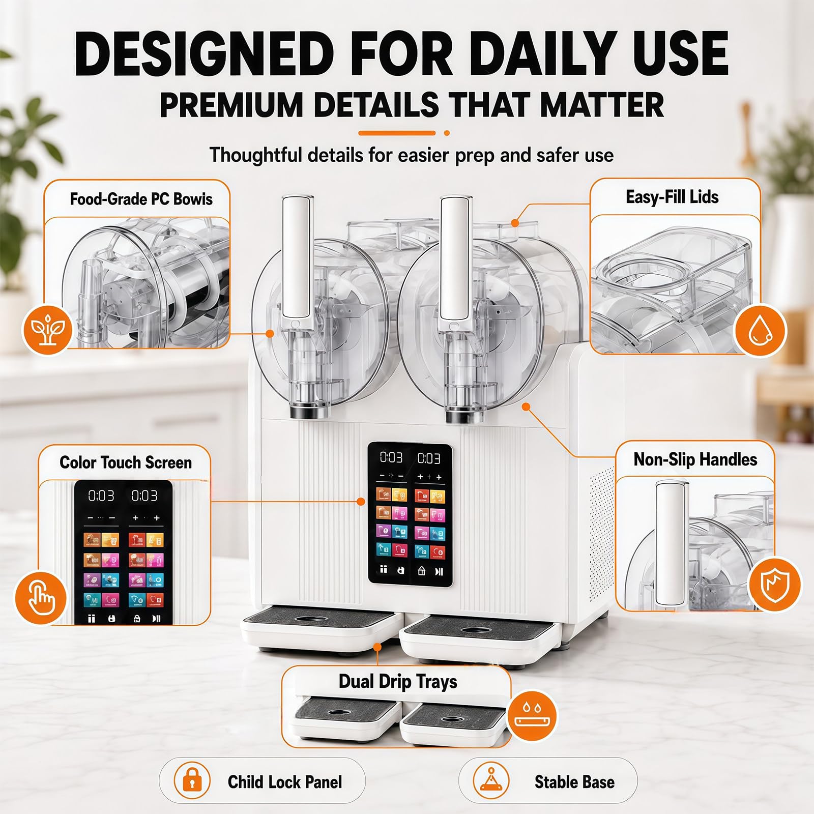 Máquina de Granizados Profesional y Helado Soft 2 en 1, Granizadora de Slush de Doble Tanque con Pantalla Táctil, Dispensador para Sorbetes, Yogur Helado y Bebidas Frías White