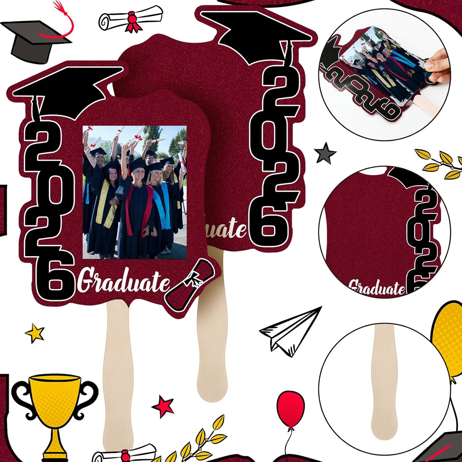 24 Pcs Graduation Cutout Face Fans with Handle Double Sided Personalized Grad Party Supplies Class of 2026 Grad Photo Props Blank DIY Photo Frame Graduation Party Souvenirs