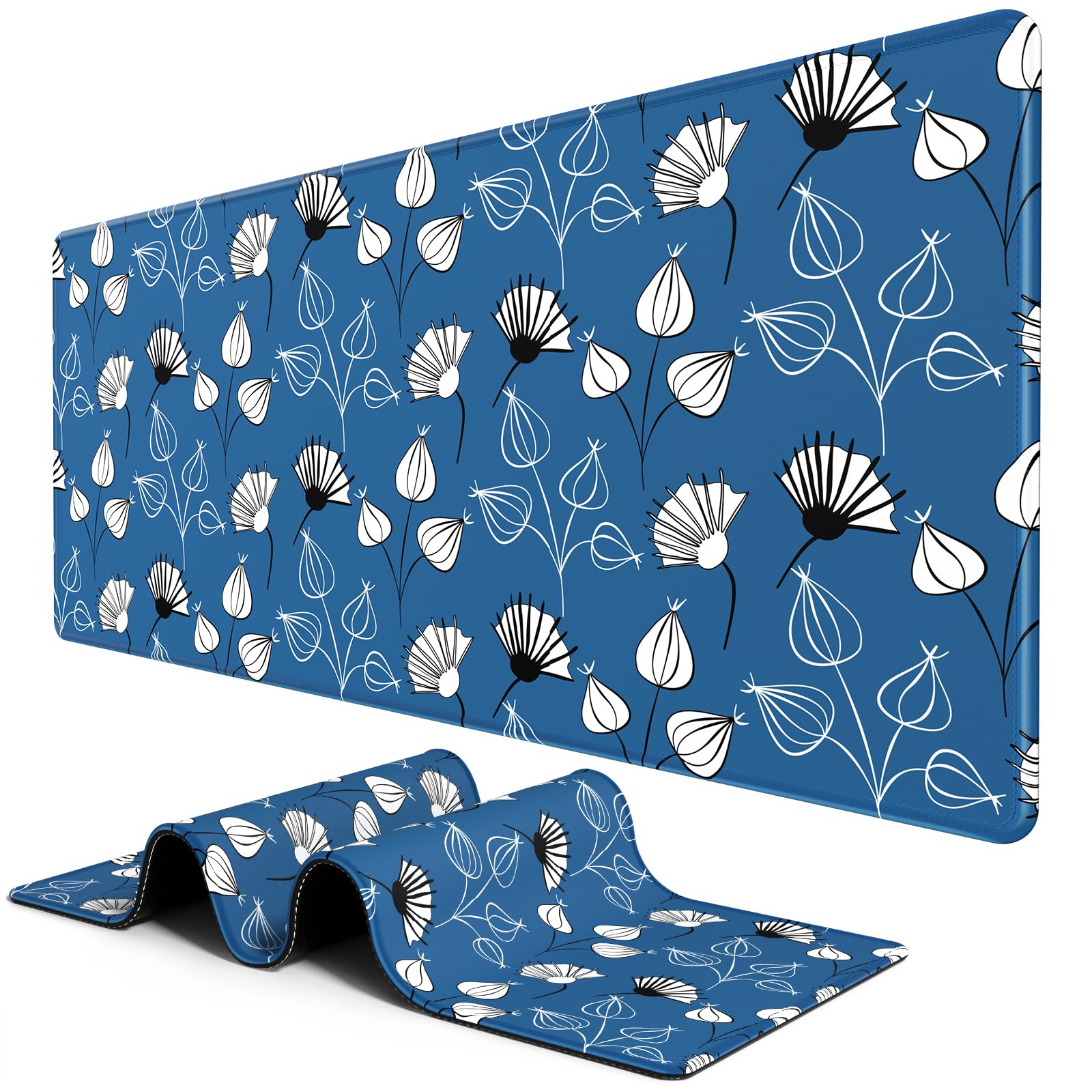 BOSOBO Large Mouse Pad, Desk Pad, XXL XL Extended Gaming Mouse Pad, Desk Mat for Office & Home, Long Keyboard Mat, Huge Mouse Pad, Desktop Full Cover 31.5 x 11.8 Inches, Minimalist Blue White Flowers XL - 31.5 x 11.8 Inches Minimalist Blue White Flowers