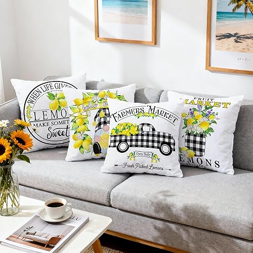 Miniatura 4 de Hexagram Lemon Farmhouse - Juego de 4 fundas de almohada de verano de 18 x 18 pulgadas, fundas de almohada de verano a cuadros, almohadas dulces de