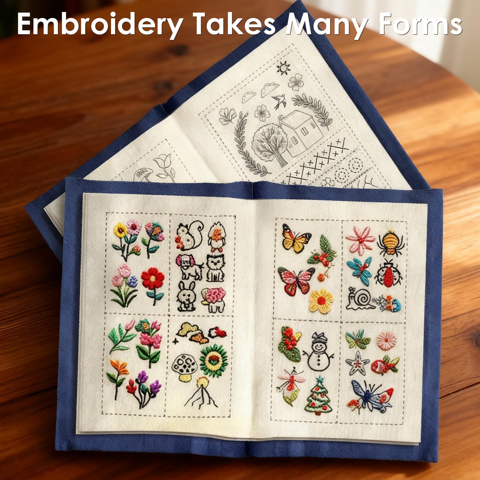 KINDLUME Libro Ricamo, Kit Ricamo per Principianti, Embroidery Book, Set Completo con 12 Aghi, Ditale, Infilago e Telaio, per Adulti, Regalo Creativo e Hobby Rilassante