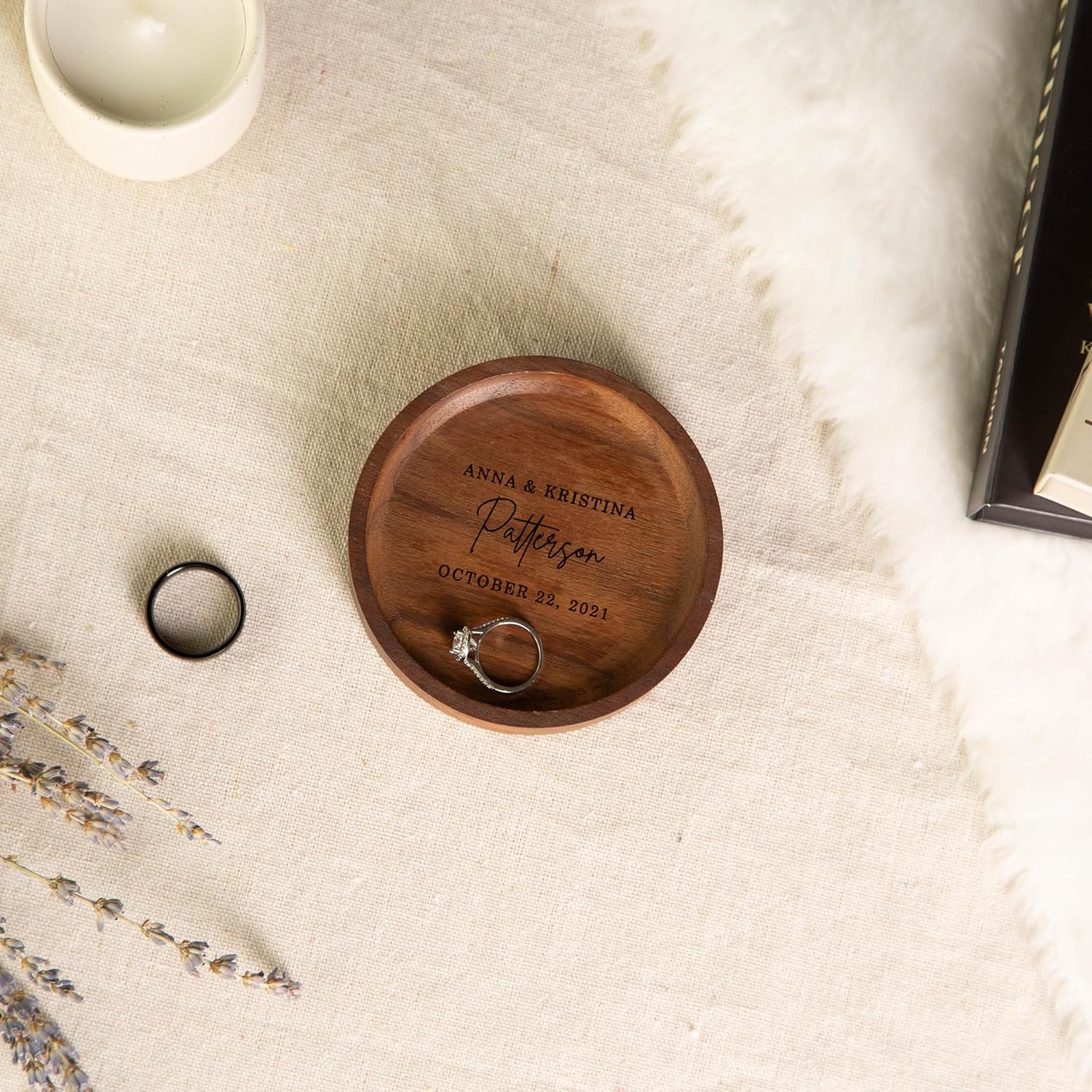 MUUJEE Personalized Walnut Wood Round Ring Tray Dish Jewelry Organizer for Small Items Bracelets Christmas Holiday Engagement Anniversary Wedding Gift for Newlywed Married Couples Women