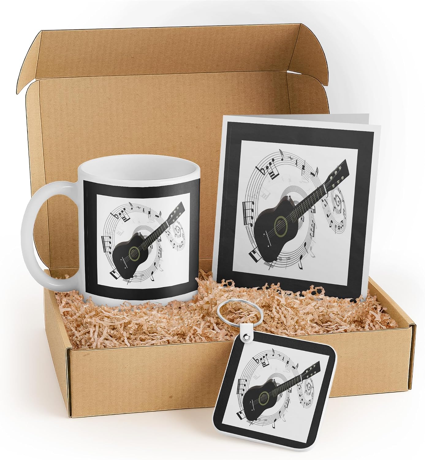 3dRose Music Lover Gift Set - Mug, Keychain, and Greeting Card Featuring Black Guitar and Music Notes - Perfect for Musicians, Holidays, and Birthdays