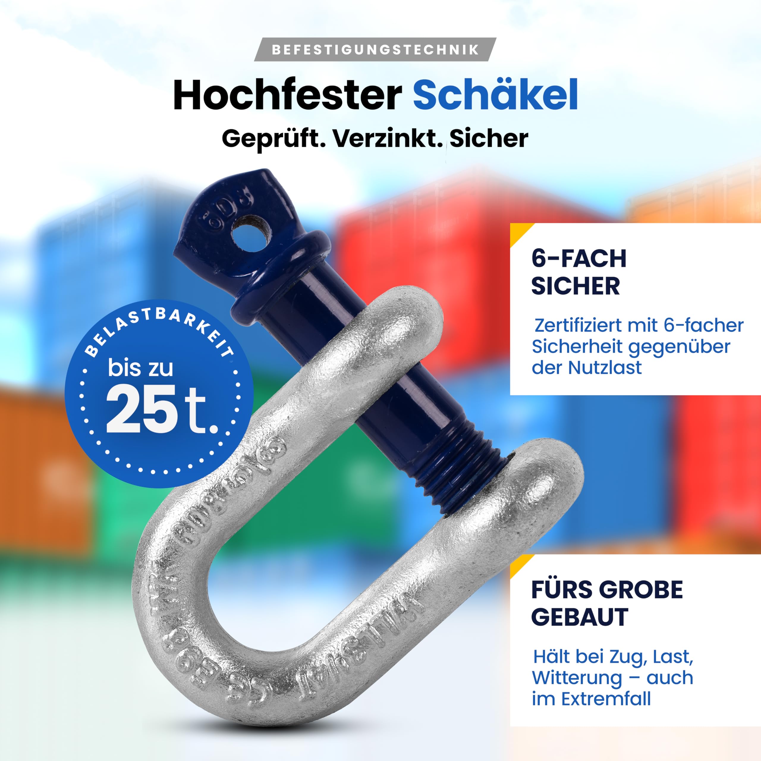 Schäkel gerade mit Augbolzen – 3,25t Tragkraft – 2 Stück – Stahl feuerverzinkt, korrosionsbeständig – Bolzen Ø 19mm – zertifiziert & hochbelastbar – Größe & Menge wählbar – 0,33t bis 25t (3,25t,2x)