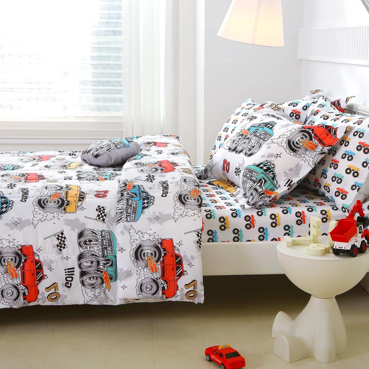 Mooreeke Twin Size Comforter Sets for Boys Kids, 6 Pieces Bed in a Bag Monster Truck Bedding Comforter Sheet Set with Shams and Decorative Toy Pillow, Ultral Soft Microfiber Kids Bed Set