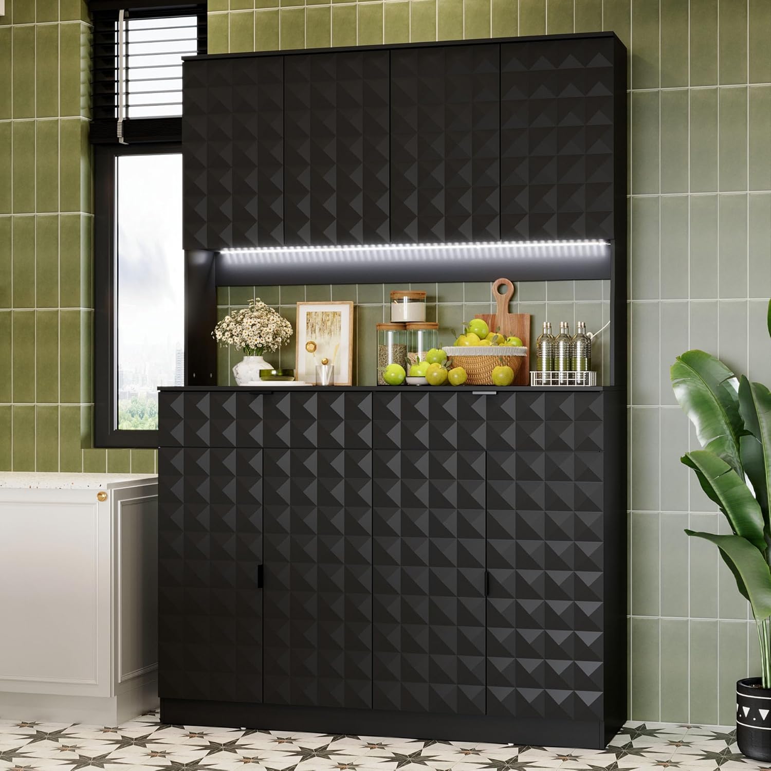 Cupboard, Kitchen Pantry Storage Cabinet, Modern Food Pantry Cabinet with 2 Drawers, 8 Doors, Socket, Light, Adjustable Shelves for Kitchen, Living Room, Black(14.9" D x 46.8" W x 70.9" H)