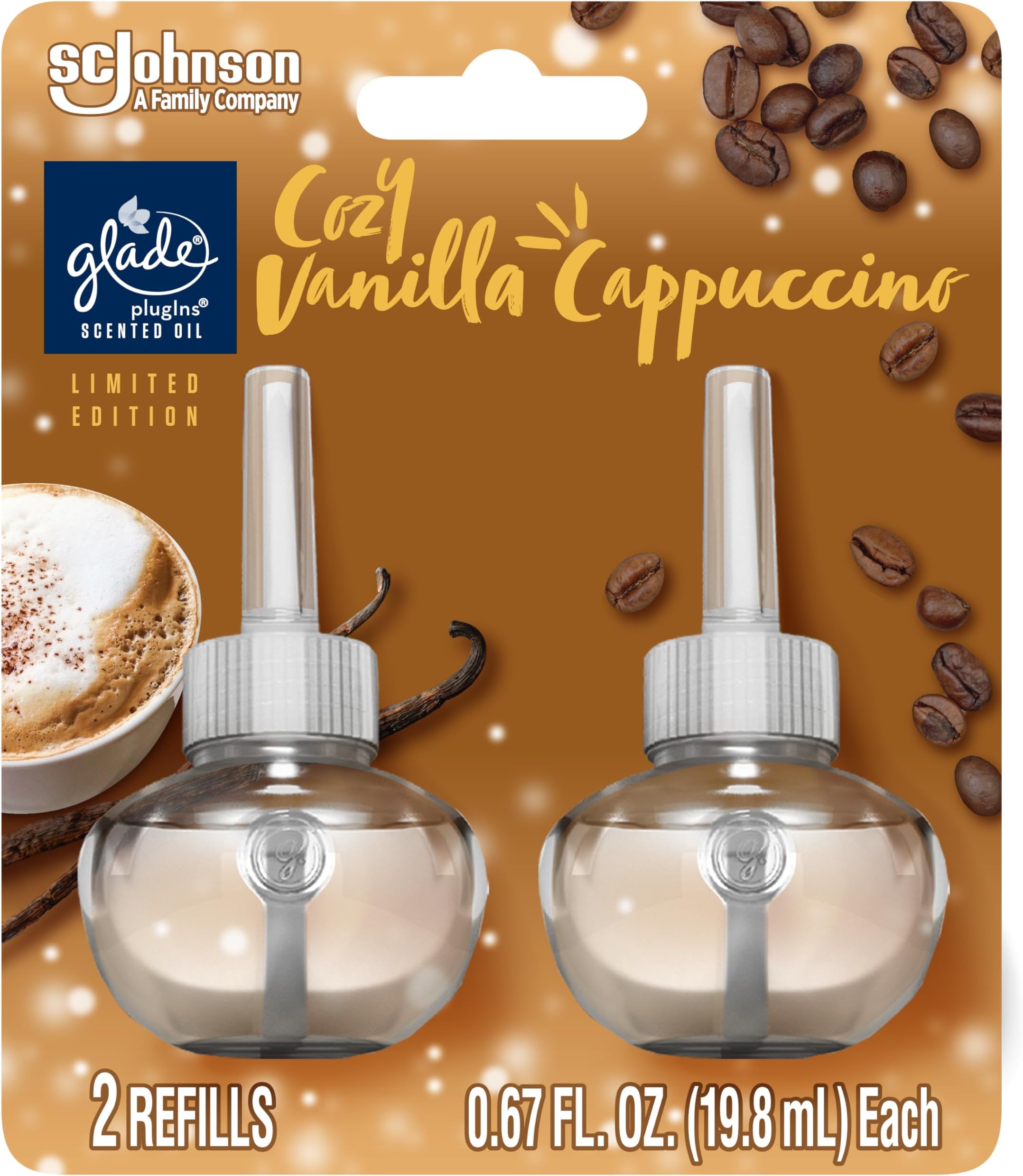 Glade PlugIns Refills Air Freshener, Scented and Essential Oils for Home and Bathroom, Cozy Vanilla Cappuccino, 1.34 Fl Oz, 2 Count