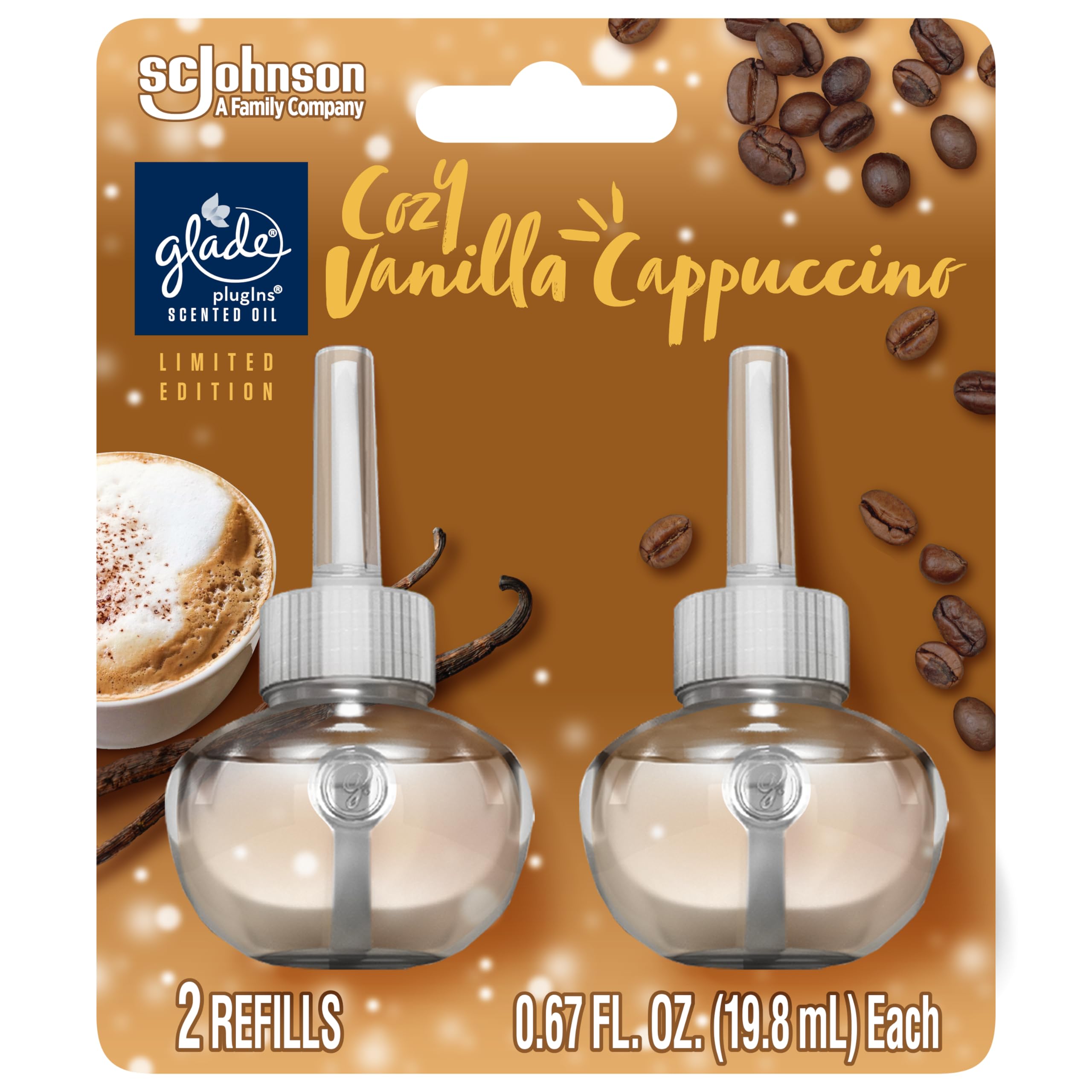 GladePlugIns Refills Air Freshener, Scented and Essential Oils for Home and Bathroom, Cozy Vanilla Cappuccino, 1.34 Fl Oz, 2 Count