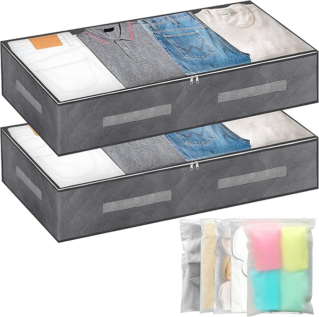 Yotako Under Bed Storage Box with Lid- 2Pcs, 5Pcs Large Frosted Resealable Bag Under Bed Storage Bag with Zip Under-bed Storage Organiser Clear Window Reinforced Handle for Clothes Quilts - Grey