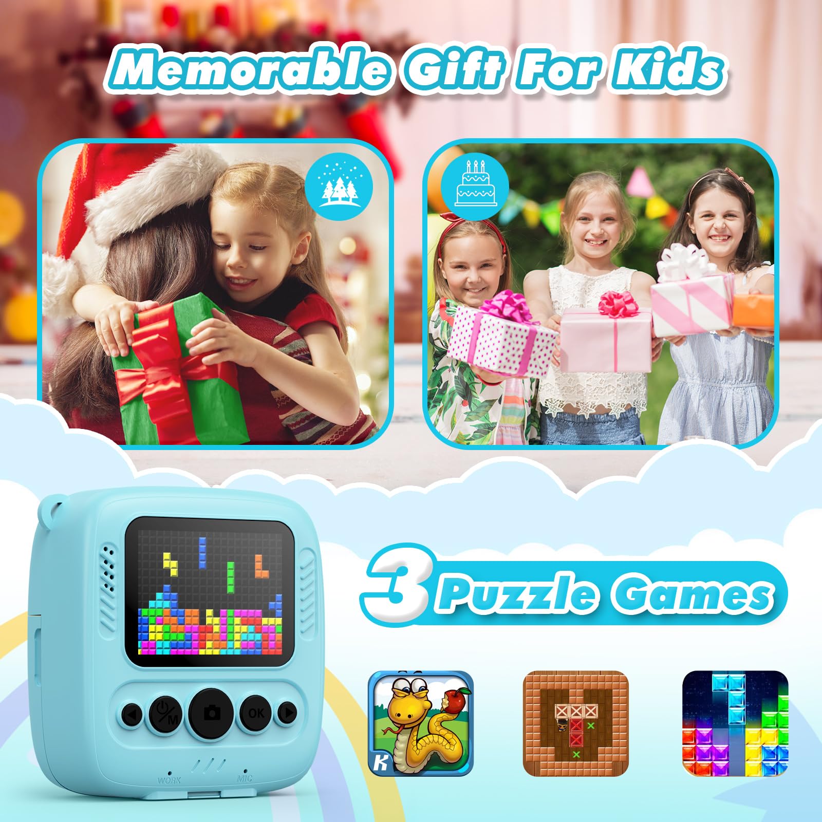 Appareil Photo Instantané Enfant, CalineGam 48MP 1080P Appareil Photo Numérique Enfant avec Carte 32GB & Papier Photo, Noël Anniversaire Cadeau pour Filles Garçons 3-12 Ans (Bleu)