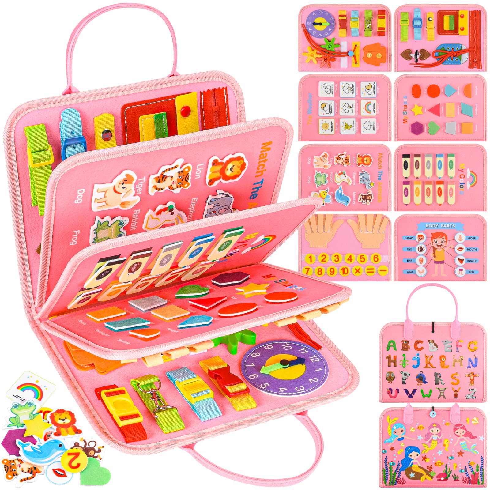 Asten Busy Board Montessori Toys, Busy Books for Toddlers, Sensory Board Quiet Educational Activity Book for Toddlers, Toddler Travel Toys for Plane Car, Gifts for Boys Girls (Pink)