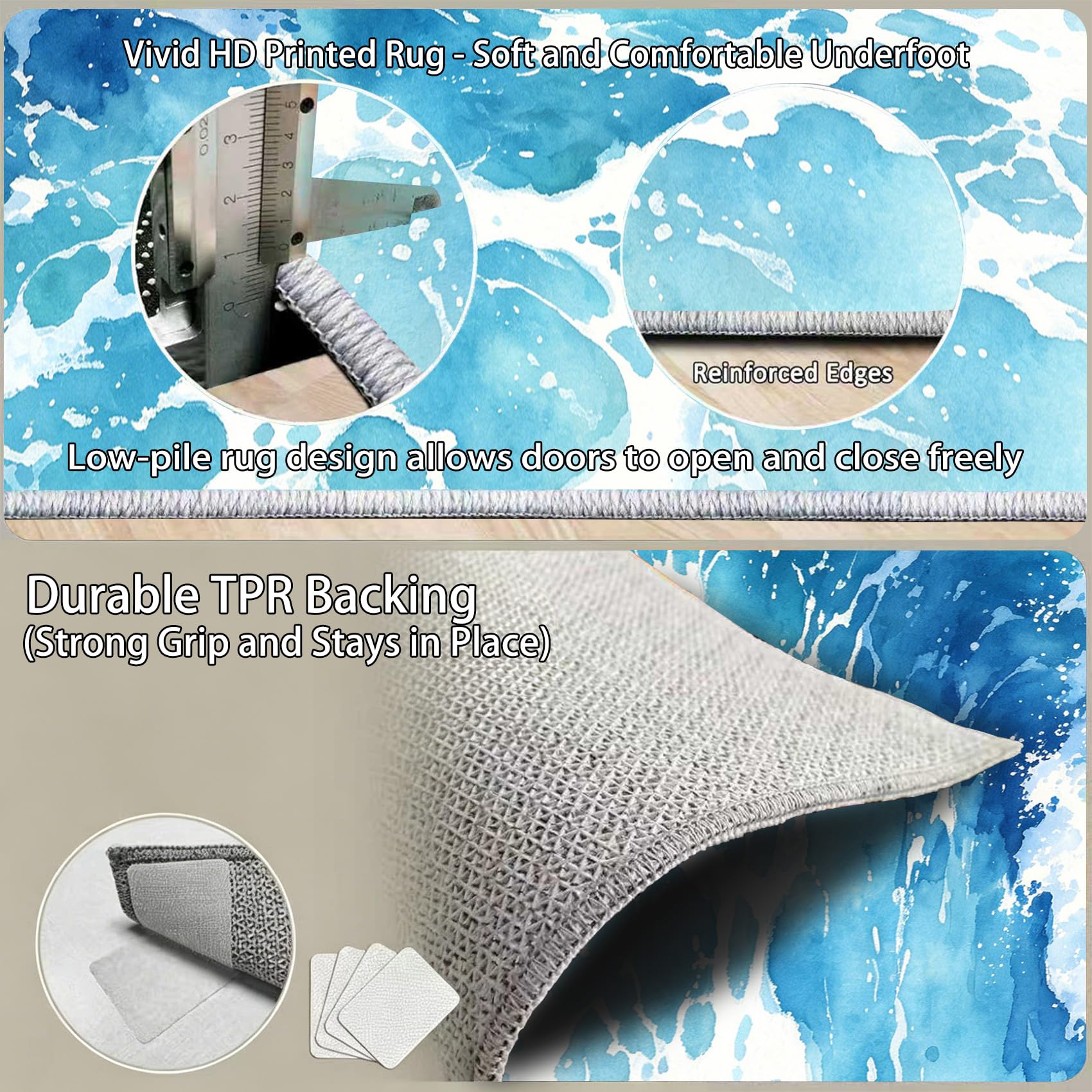 Tapis Carré Océan Bleu 200x200cm Salon Chambre Tapis Mer Antidérapant Lavable Doux Poils Courts Decoration 3D Vagues Paillasson Interieur pour Salle à Manger Cuisine a/2087