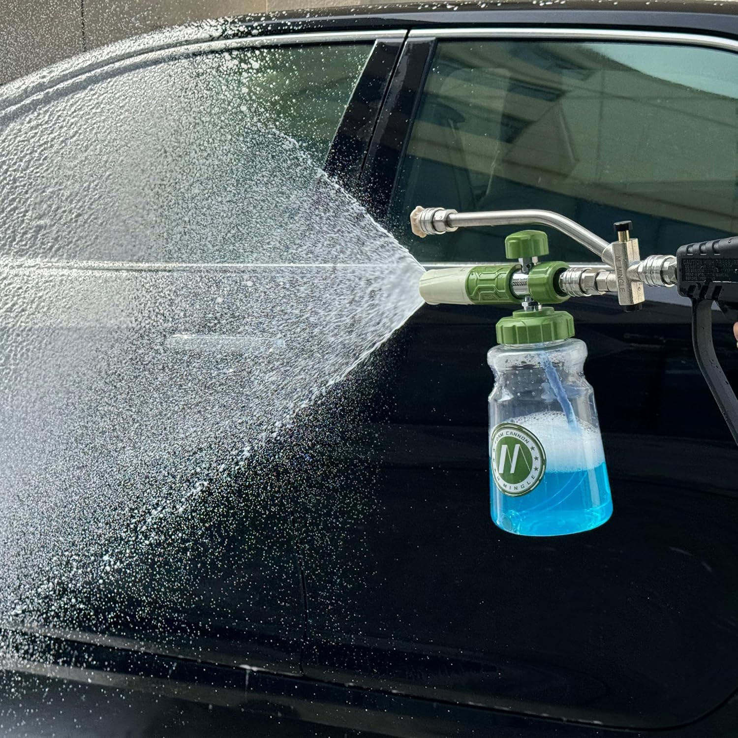M MINGLE Canon à Mousse de Nettoyeur Haute Pression avec Double Connecteur | Lance à Mousse Réglable 1 Litre, Raccord M22-14 Démontable et Raccord Rapide 1/4", pour Nettoyage de Voiture, 250 bar