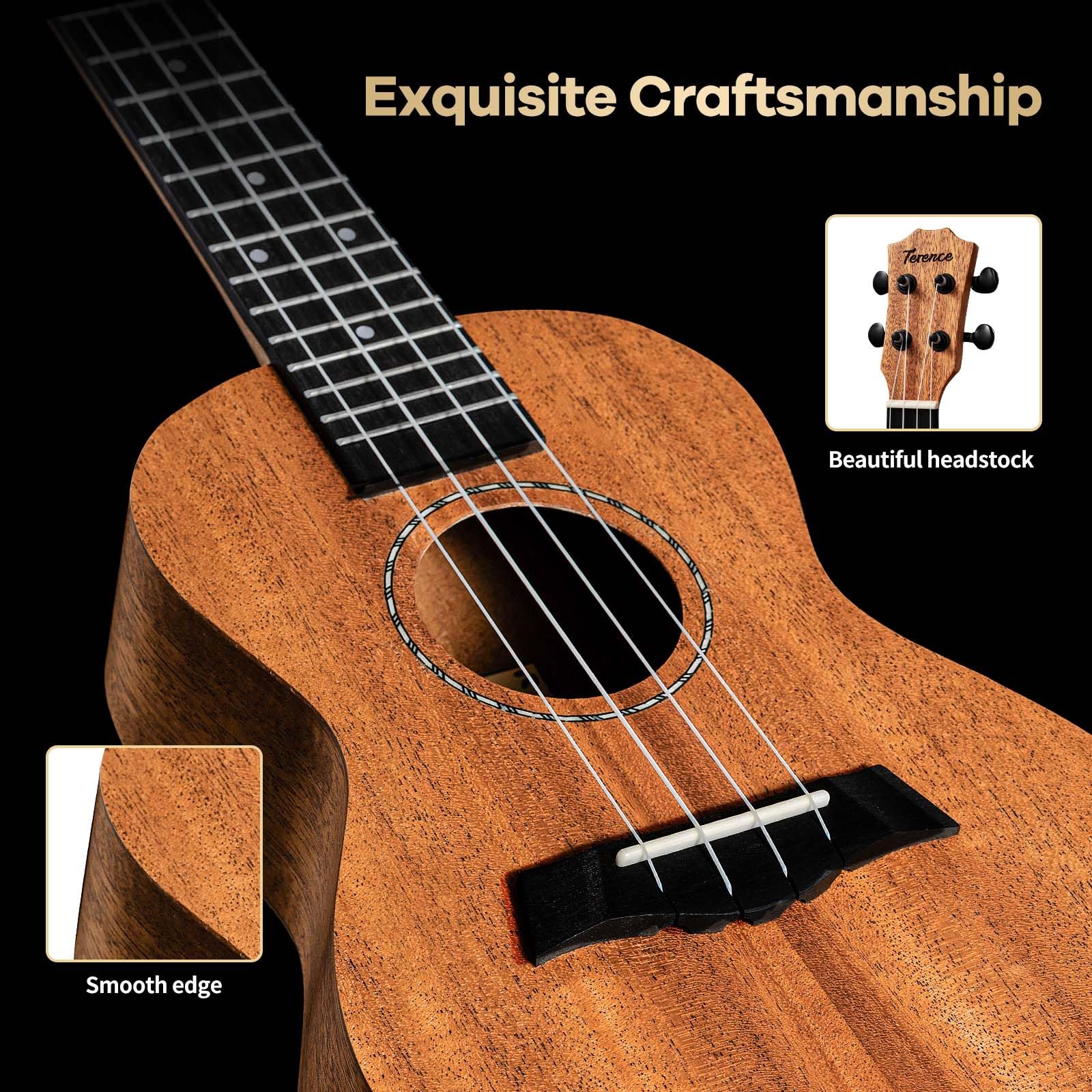 TERENCE Sopran Ukulele 23 Zoll Mahagoni Ukelelele für professionelle Anfänger Erwachsene Ukulele Kit mit Stimmgerät, Kapodaster, Aufbewahrungstasche, Gurt, Plektren, Nylon-Saite & Tuch