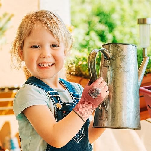 Miniatura 7 de COOLJOB 3 pares de guantes de jardinería para niños de 9 a 12 años, guantes de trabajo con revestimiento de goma agarre, color morado, rosa y