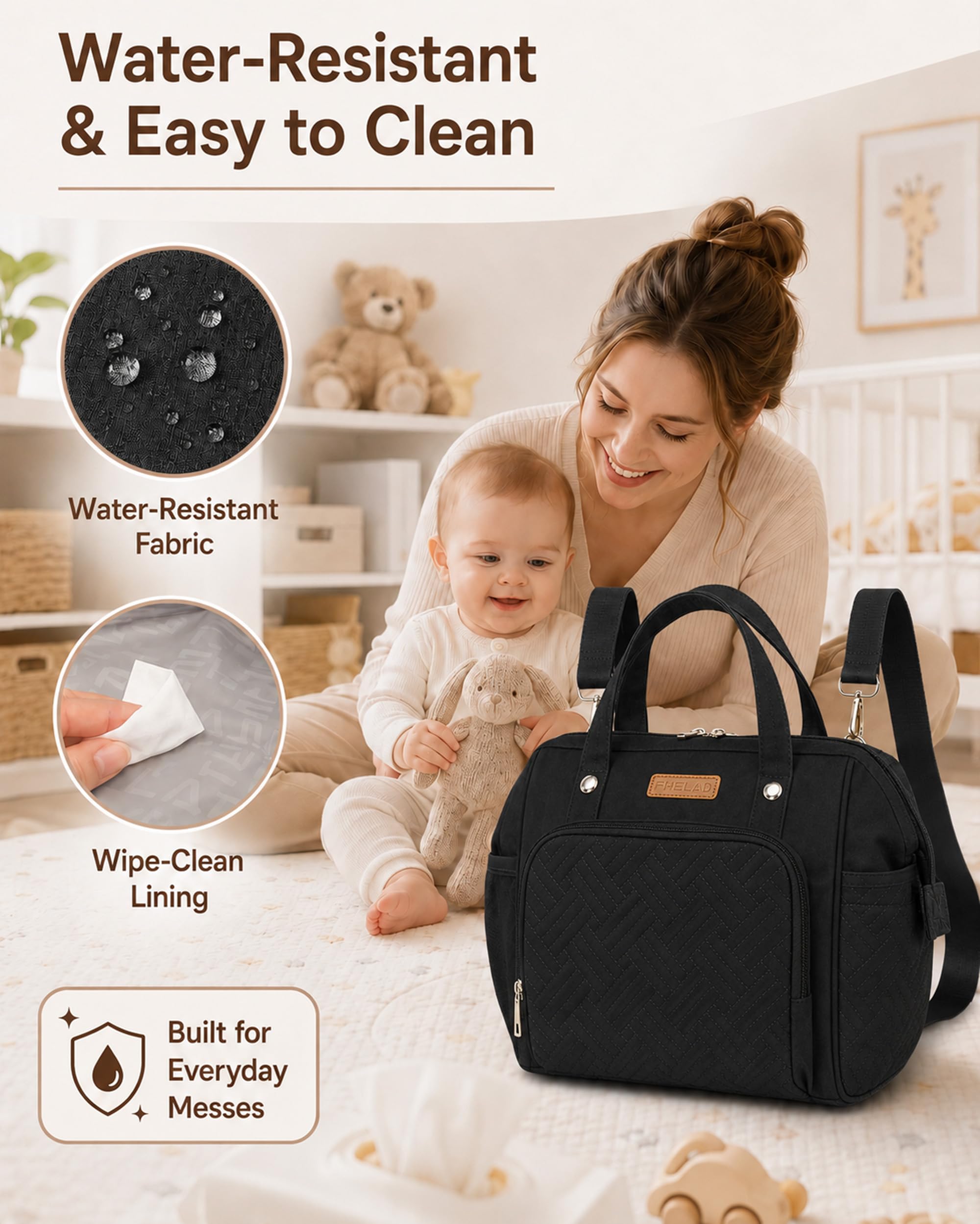 FHELAD Pequeña bolsa de pañales para mujer, mini bolsa de bebé 4 en 1 (negro)