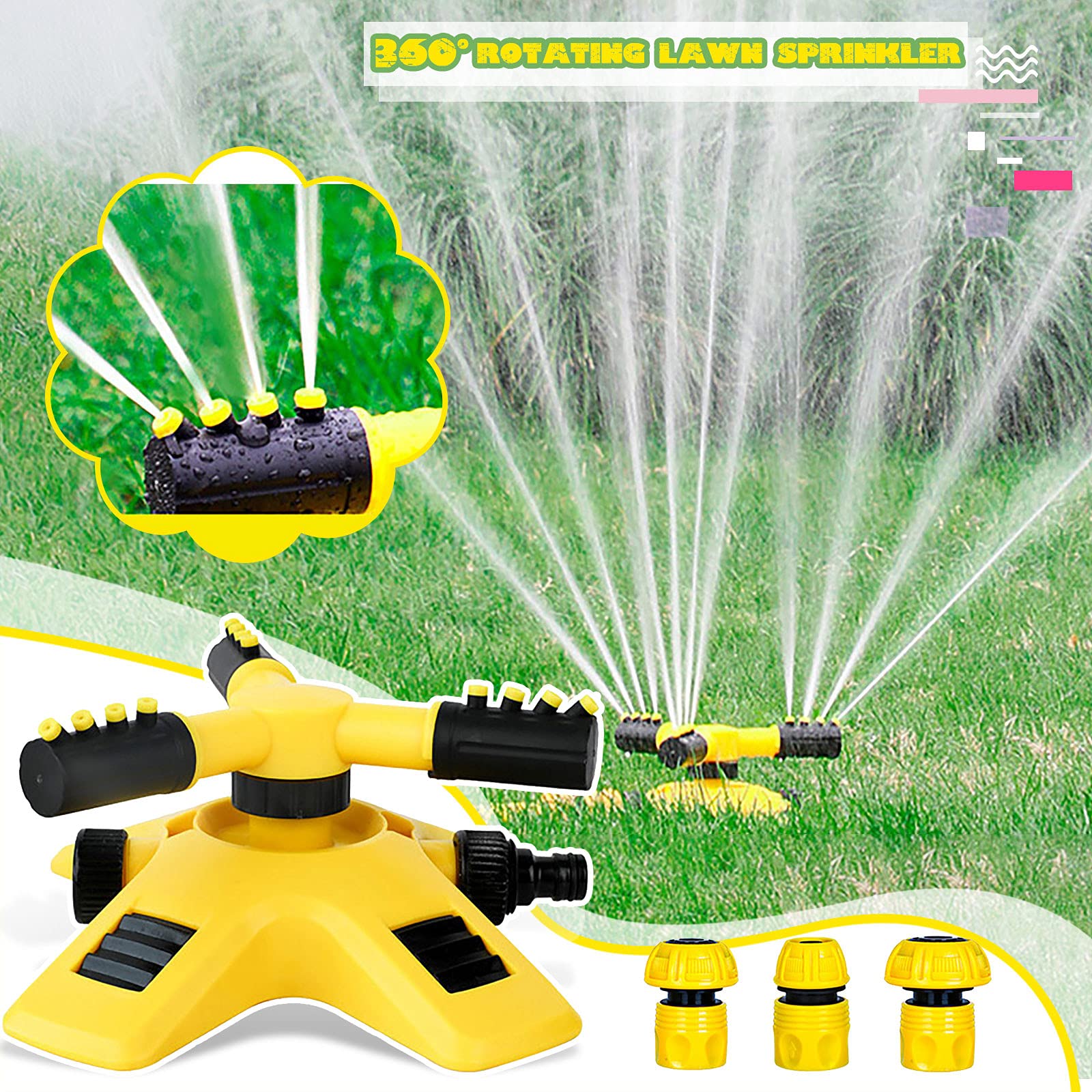hdfj12142 Irrigatori da Giardino Automatici a 360 Gradi Sistema di irrigazione Rotante a 3 Bracci per annaffiare Le Piante da Prato Fiori Veggies e Altro da Giardino-Verde