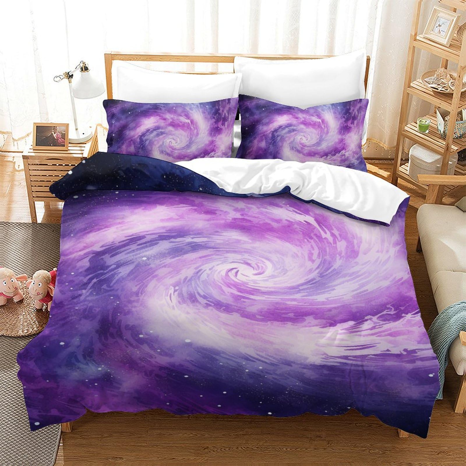 Housse de couette galaxie 3D single 140x200cm avec 2 taies d'oreiller