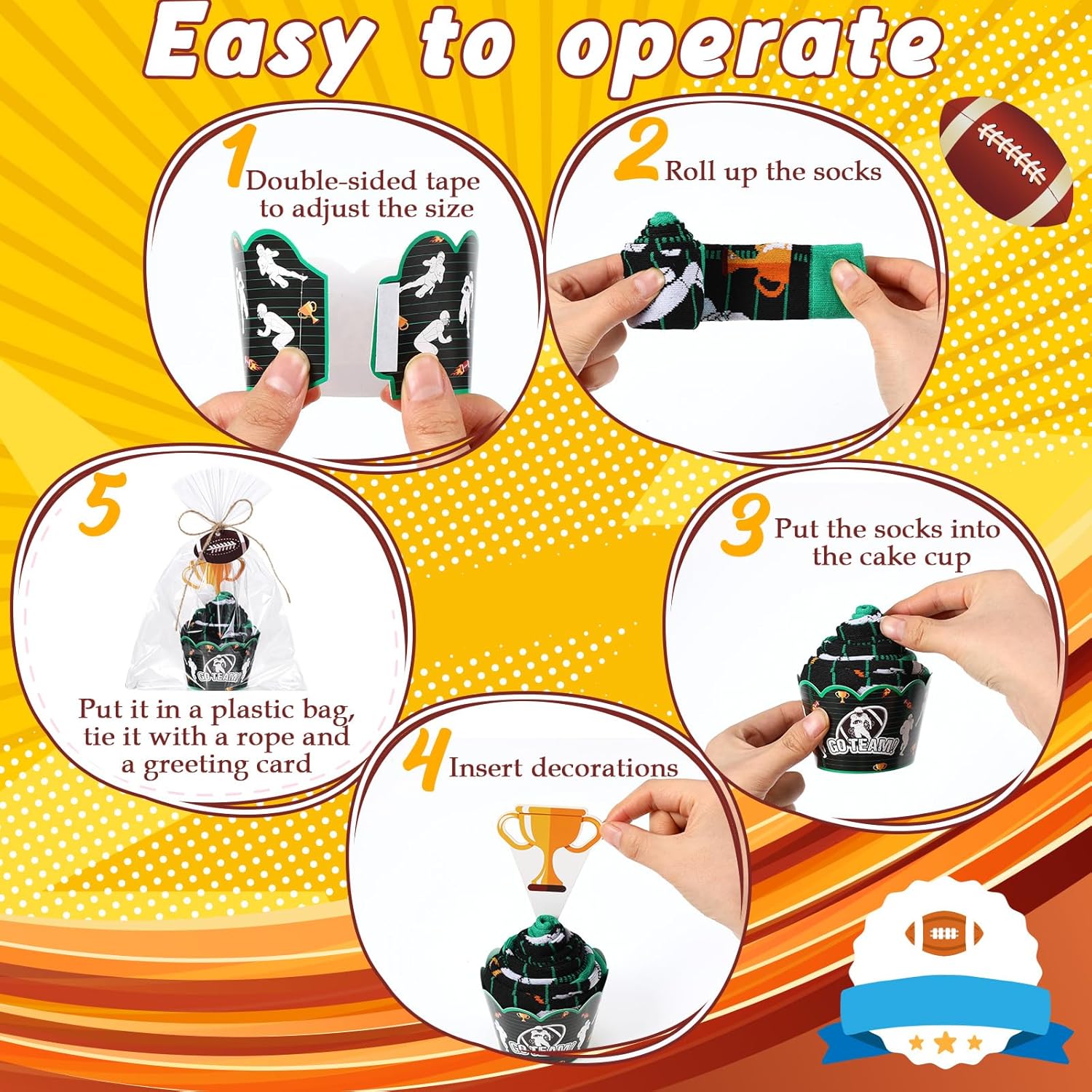 Foaincore 6 Pairs Novelty Football Cupcake Socks for Men, Funny Football Socks DIY Gift with Cupcake Packaging, Sports Team Gift for Birthday Party Favors Men Christmas - Image 5