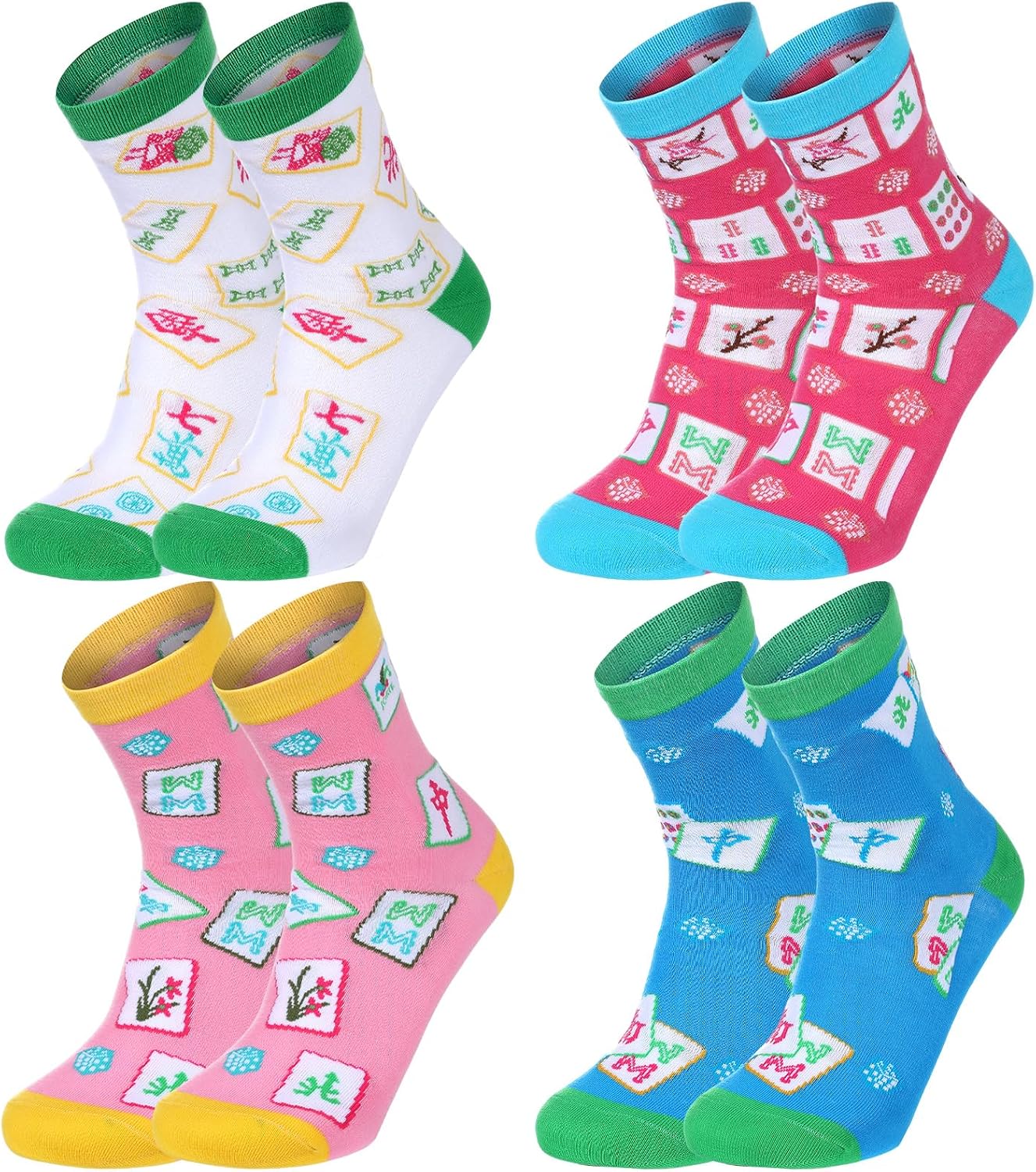 QOUBAI 4 Pairs Mahjong Socks for Women Unique Mah Jong Themed Gifts Ideas Funny Mahjong Cotton Crew Socks with Classic Patterns for Mahjong Lovers Fans Her Mom Friends Birthday Holiday Present